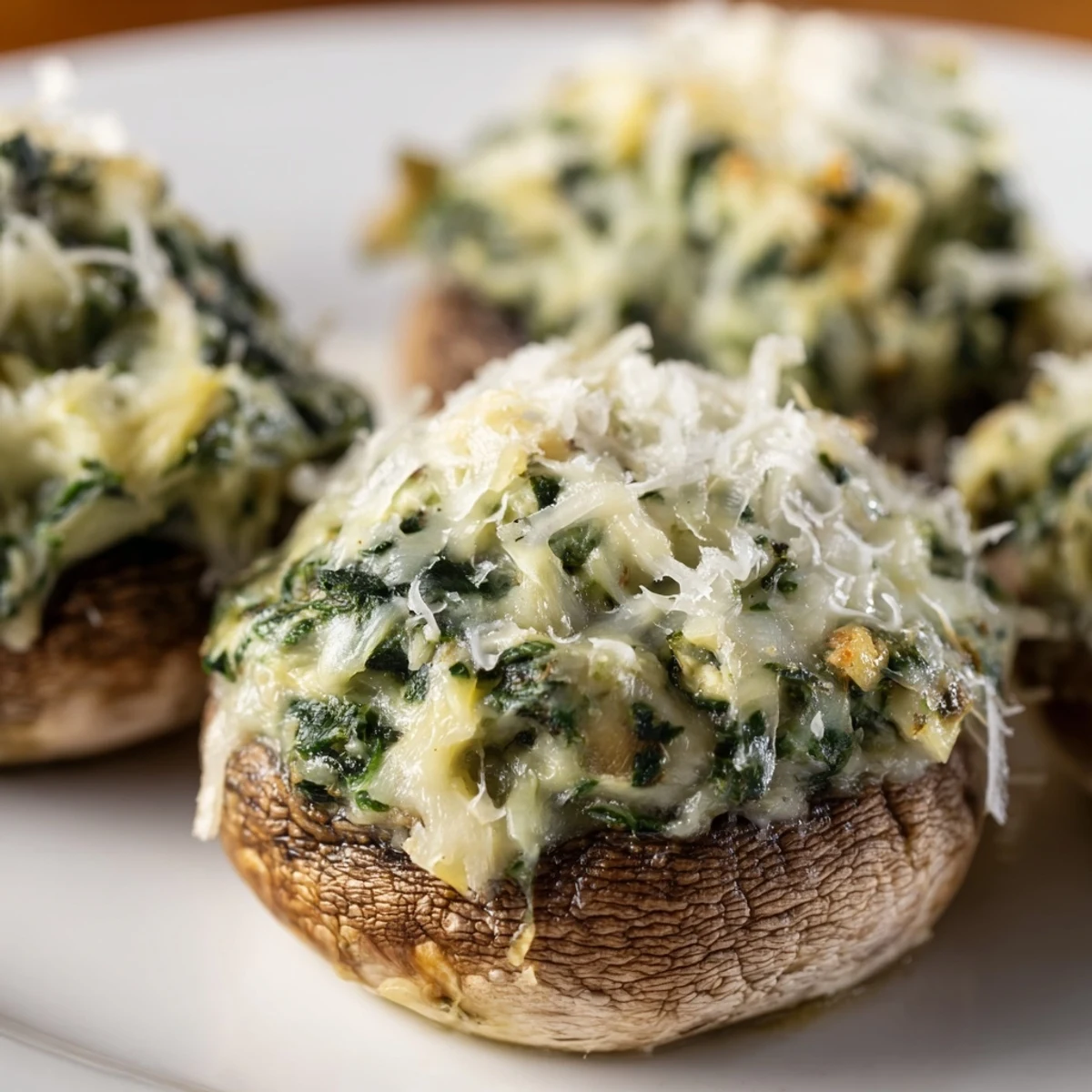 Golden-brown Cheesy Spinach and Artichoke Stuffed Mushrooms bubbling on a rustic baking sheet.