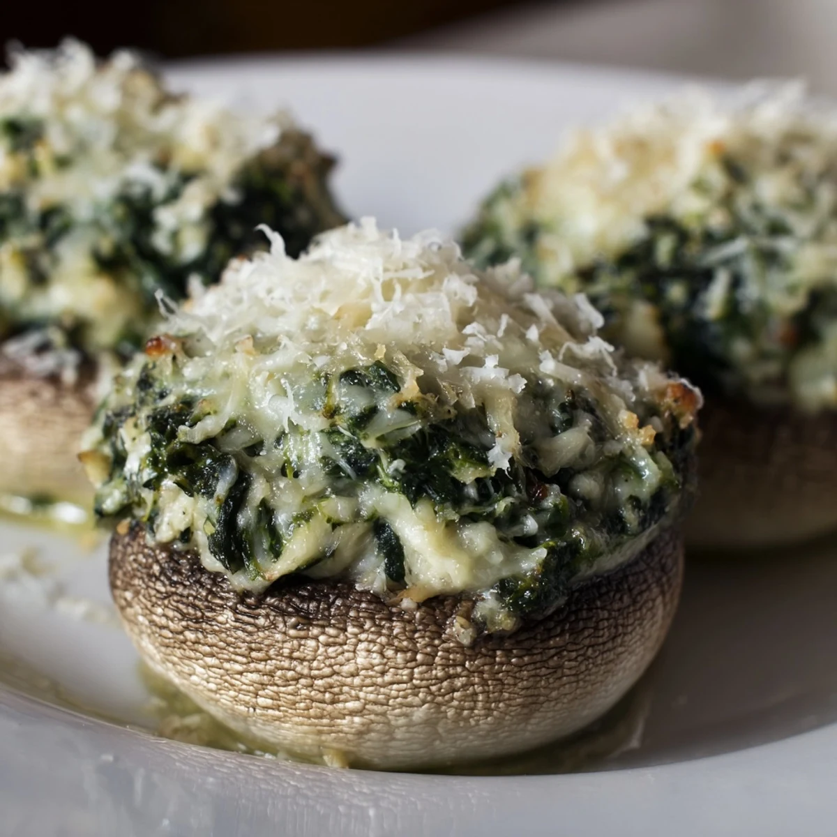 Cheesy Spinach and Artichoke Stuffed Mushrooms served warm as an appetizer.