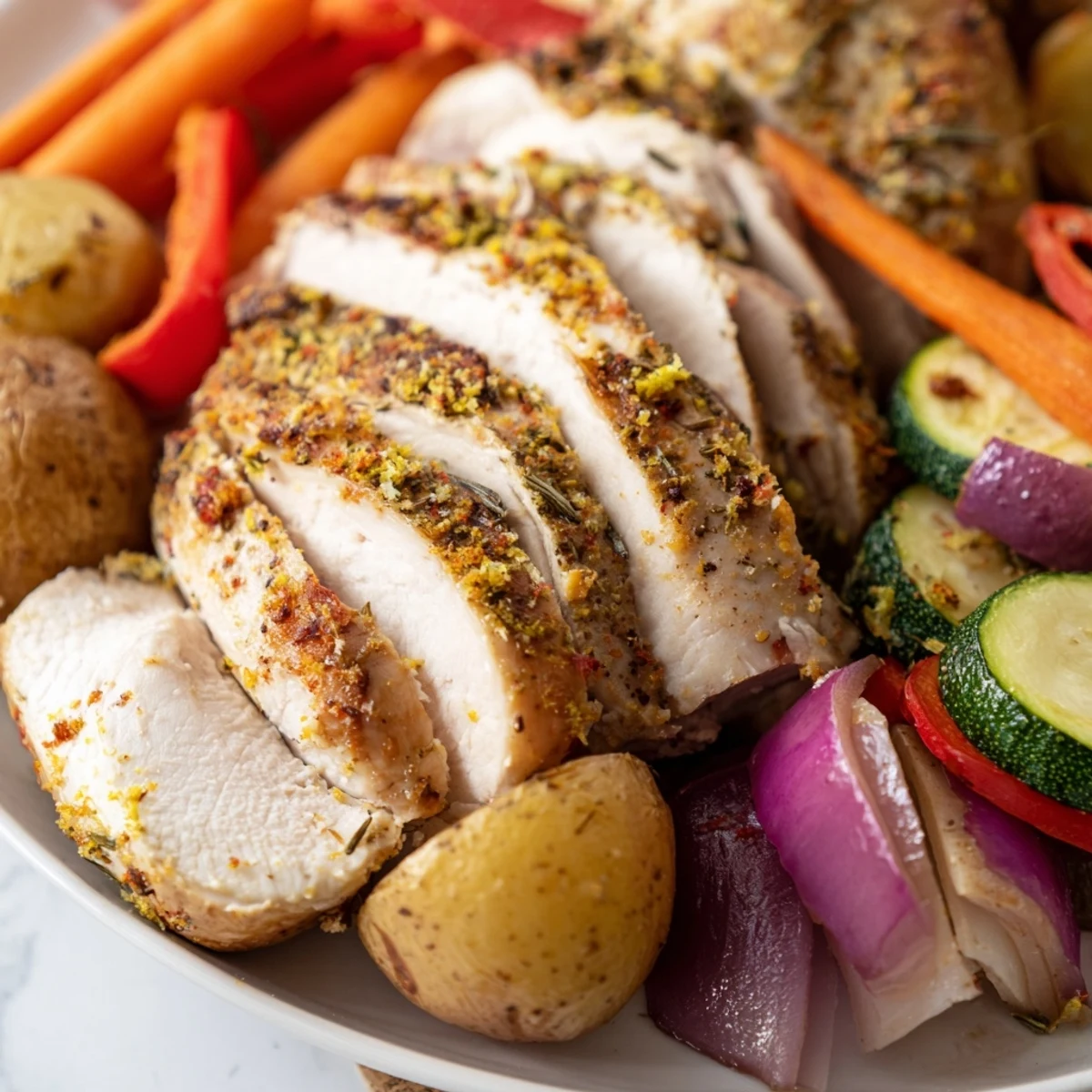 Golden-brown Sheet Pan Lemon Herb Turkey Breast with Veggies, sliced and served alongside roasted baby potatoes and carrots on a rustic platter.