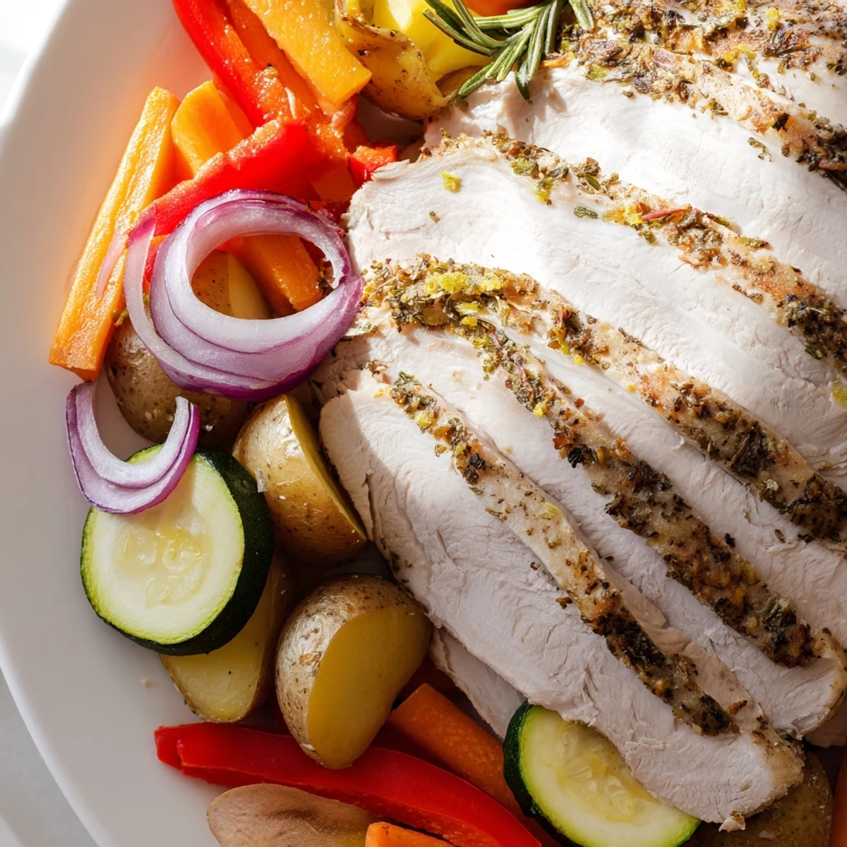 A close-up view of the Sheet Pan Lemon Herb Turkey Breast with Veggies, showcasing juicy turkey and caramelized zucchini and bell peppers.