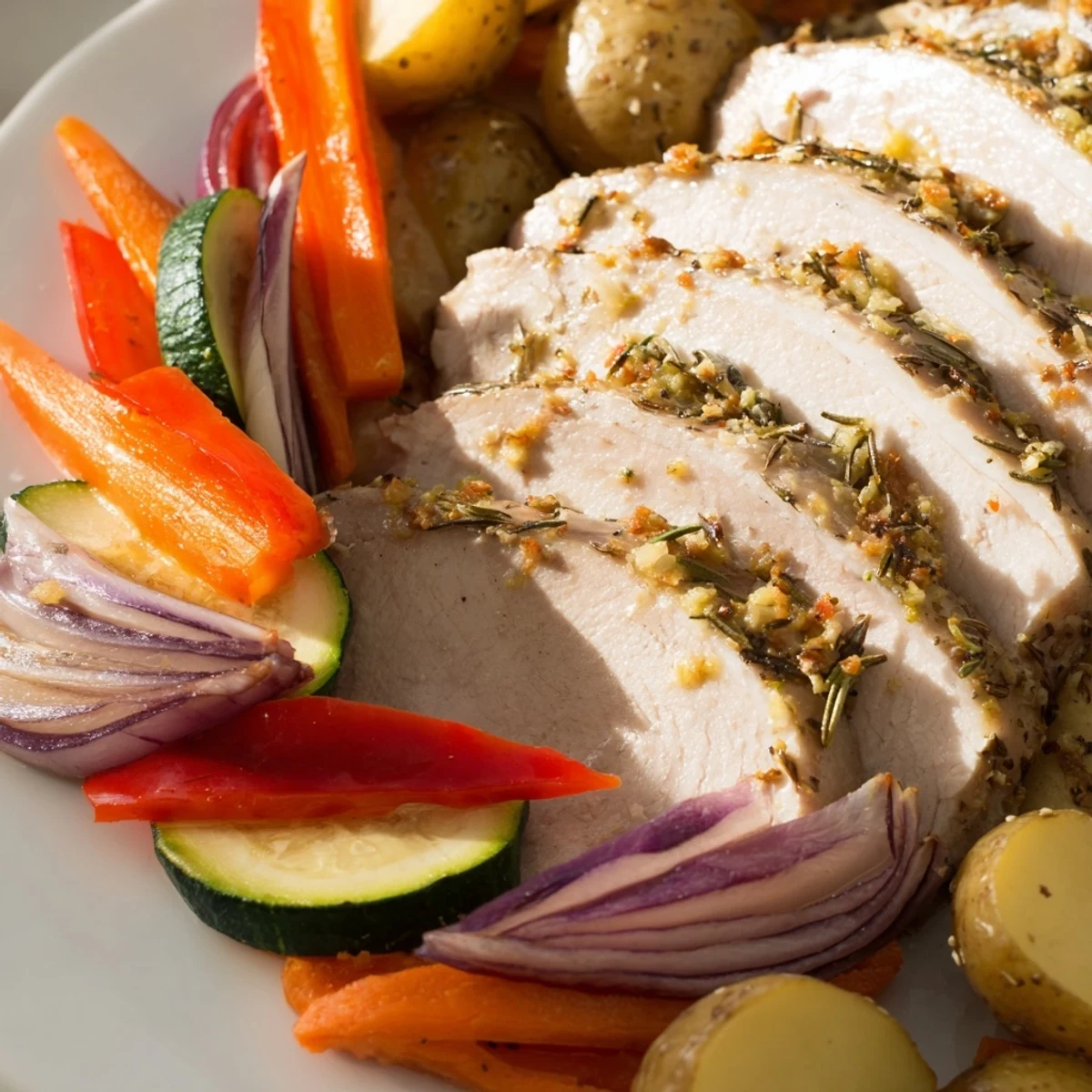 Freshly roasted Sheet Pan Lemon Herb Turkey Breast with Veggies, steaming and plated with a wedge of lemon for a bright finish.
