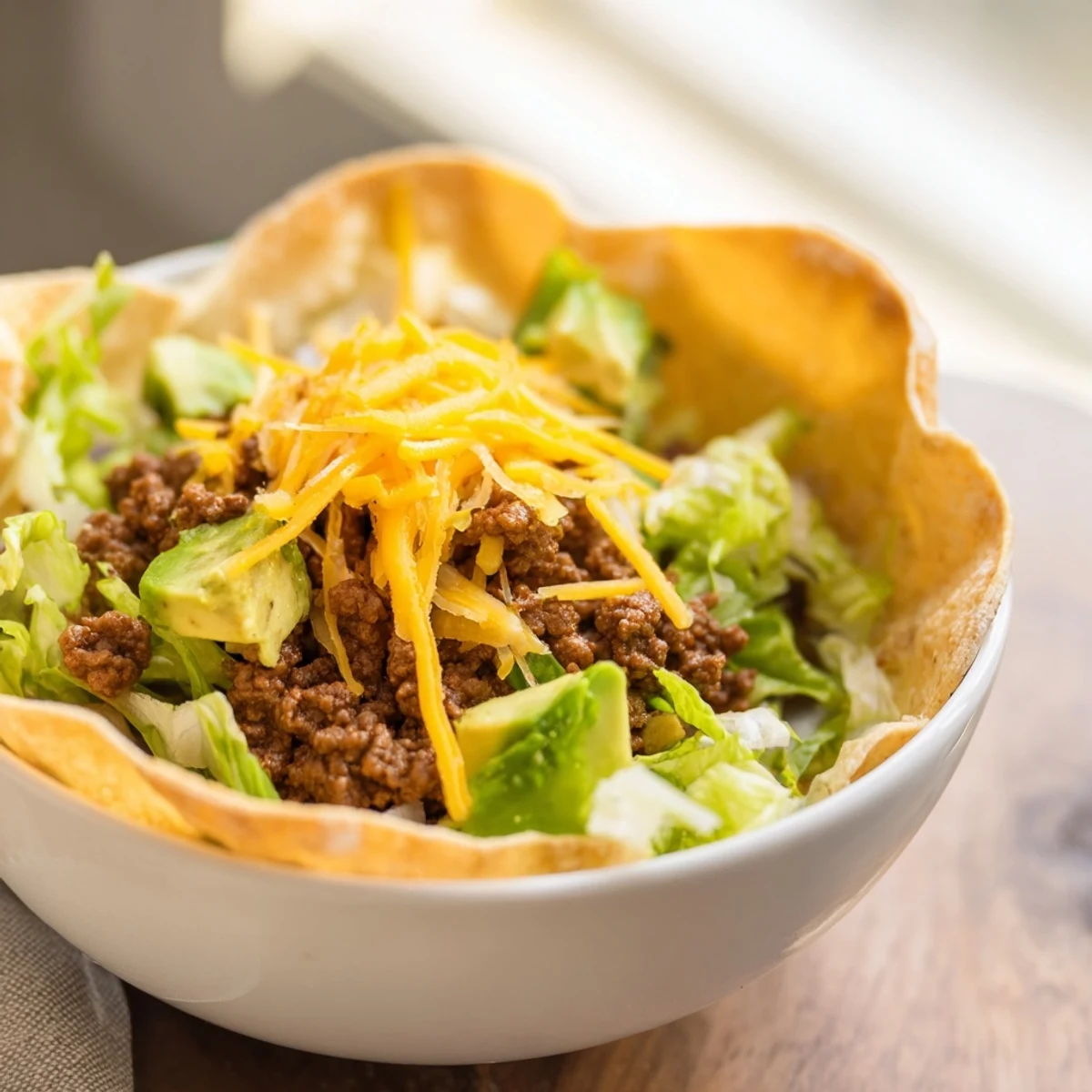 Crispy tortilla bowl filled with seasoned ground beef, fresh romaine, and avocado, drizzled with creamy lime dressing.