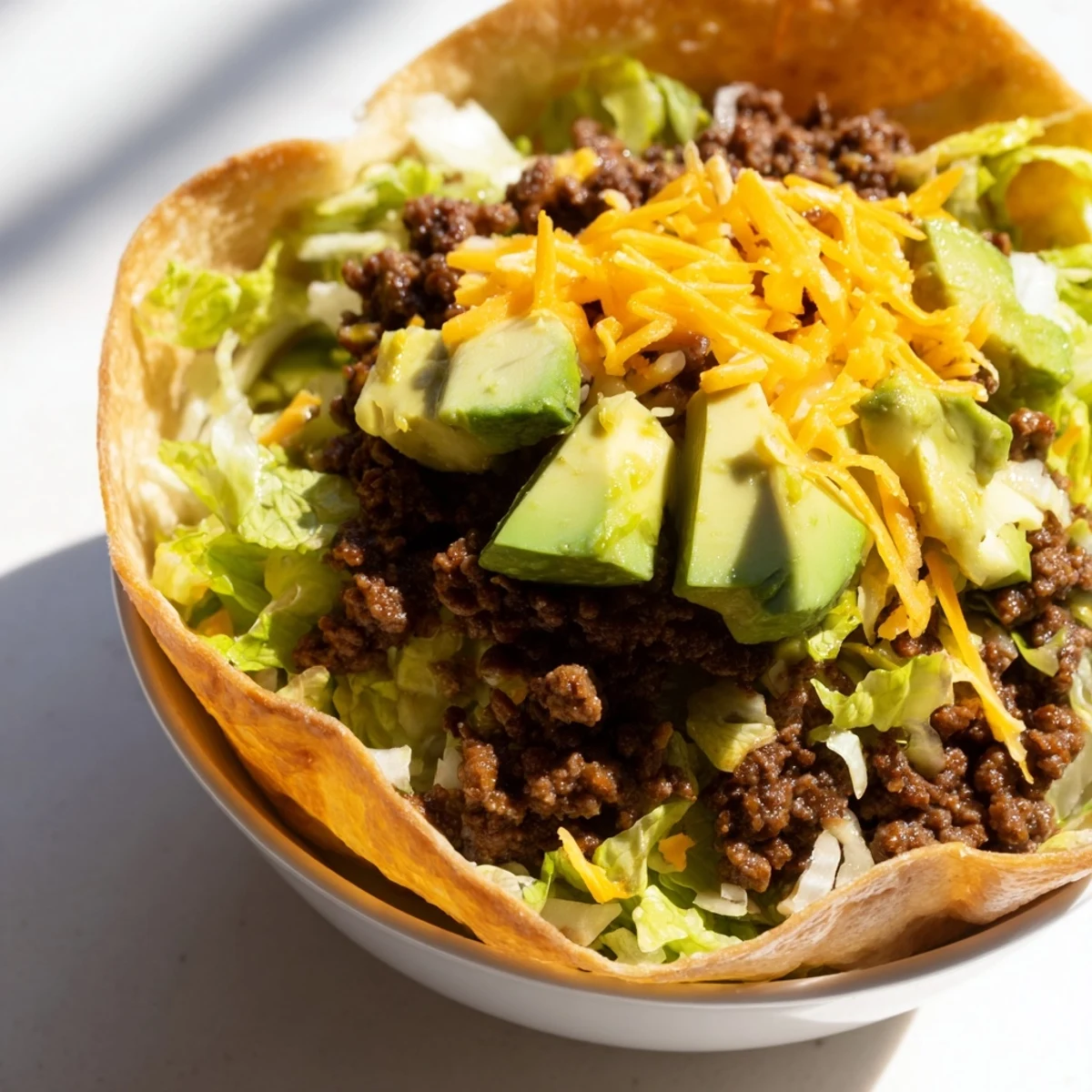 Ground beef taco salad in a homemade baked tortilla bowl with black beans, corn, and cheddar cheese.