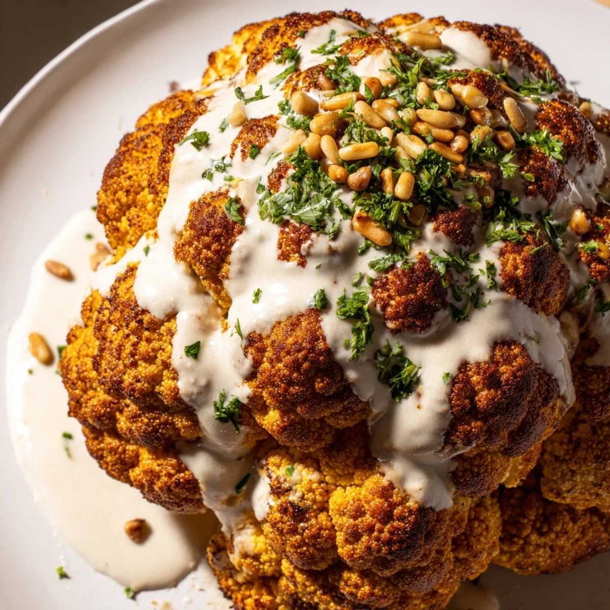 Golden-brown Whole Roasted Cauliflower with Tahini Drizzle garnished with parsley and lemon wedges.