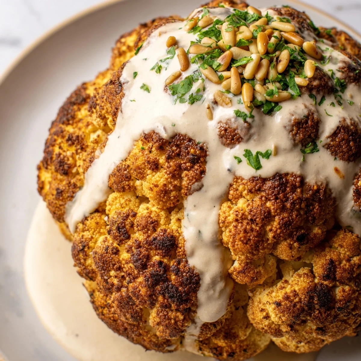 The Whole Roasted Cauliflower with Tahini Drizzle sits beside small bowls of sauce and seeds.