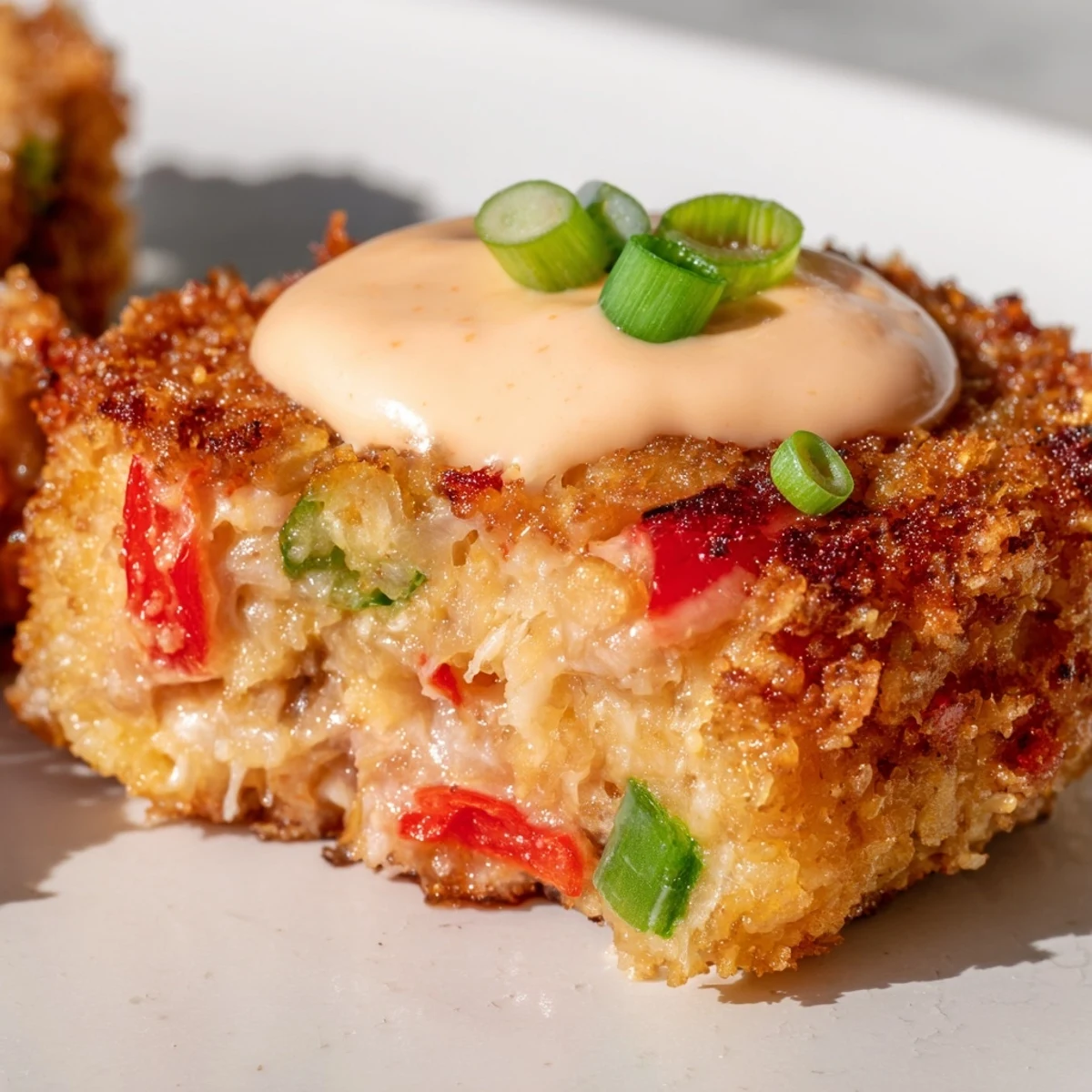 Golden brown Spicy Tuna Cakes with Sriracha mayo drizzled on top, garnished with fresh cilantro and green onions.