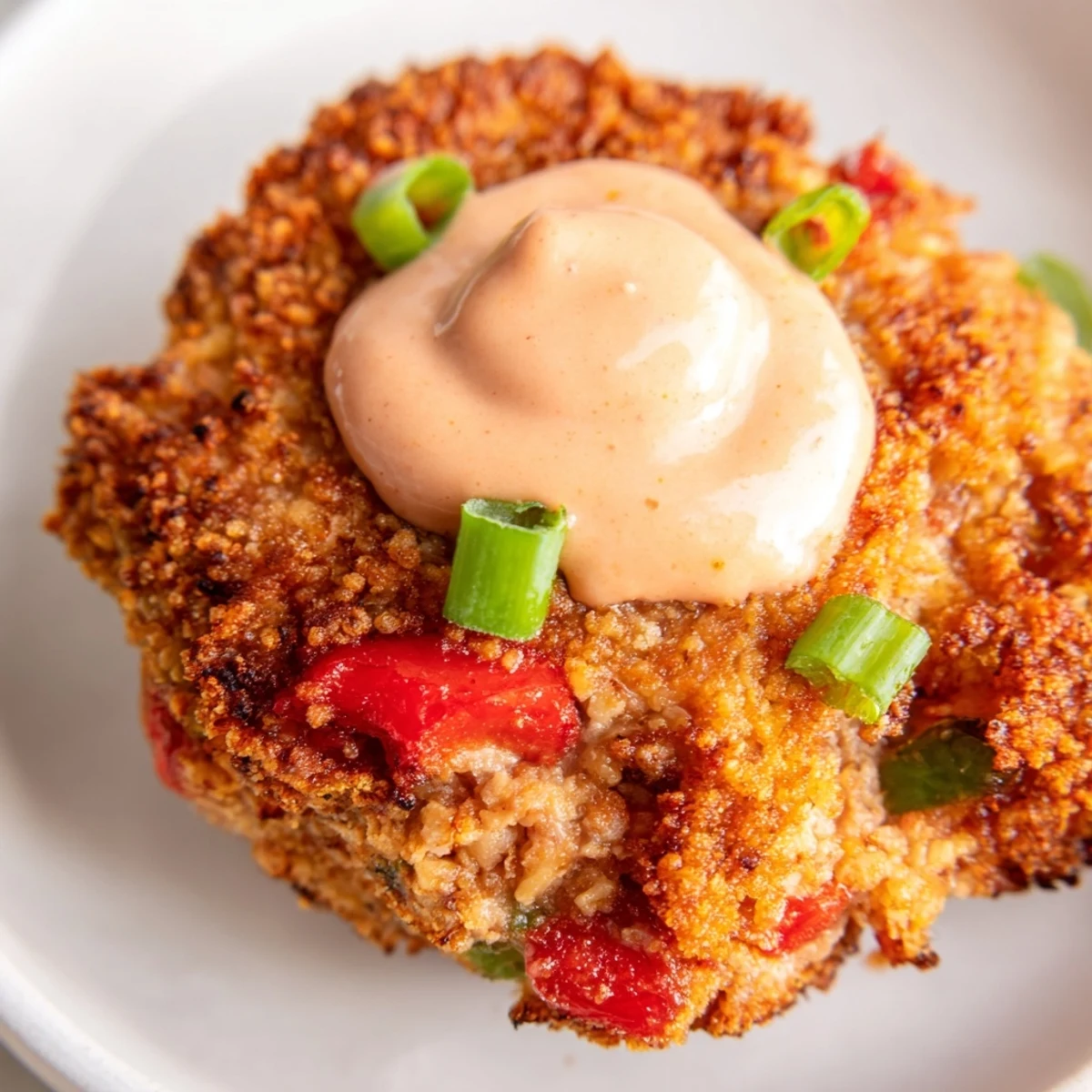 Freshly fried Spicy Tuna Cakes on a white plate with a creamy Sriracha mayo dipping sauce and lime wedges.