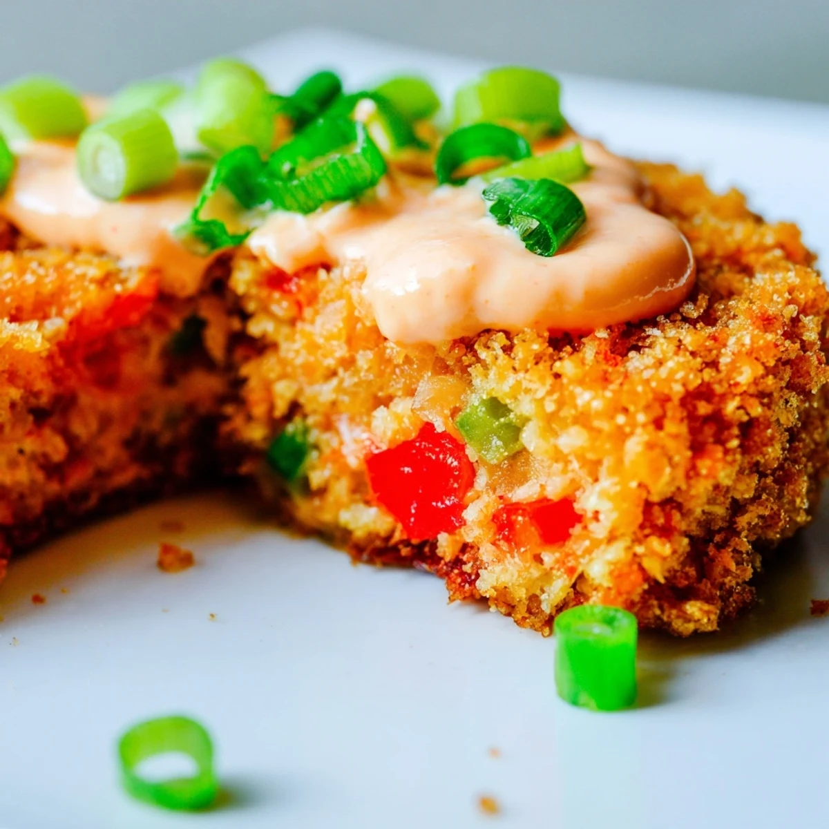 Crisp, pan-fried Spicy Tuna Cakes served on a bed of greens with a side of spicy mayonnaise.