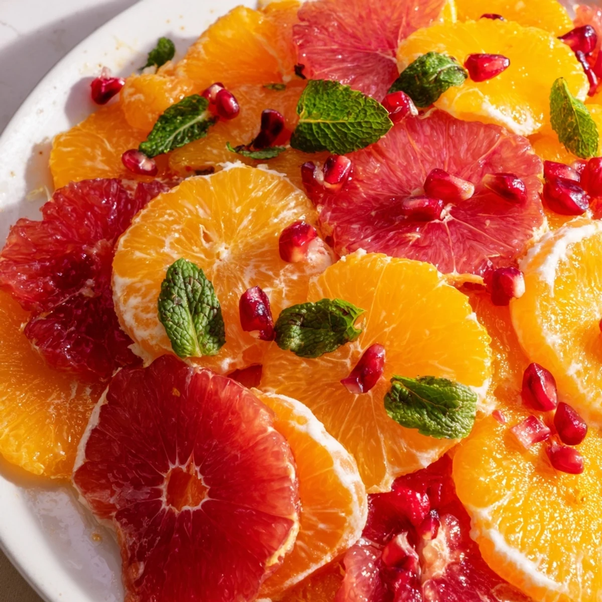 Bright and colorful Winter Citrus Fruit Salad with honey lime dressing, arranged with pomegranate seeds and fresh mint on a white platter.
