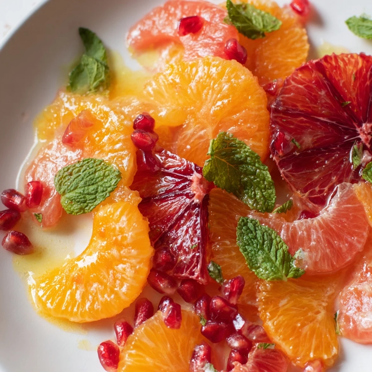 Overhead view of Winter Citrus Fruit Salad with zesty honey lime dressing, showcasing vibrant citrus rounds and a sprinkle of red pomegranate seeds.