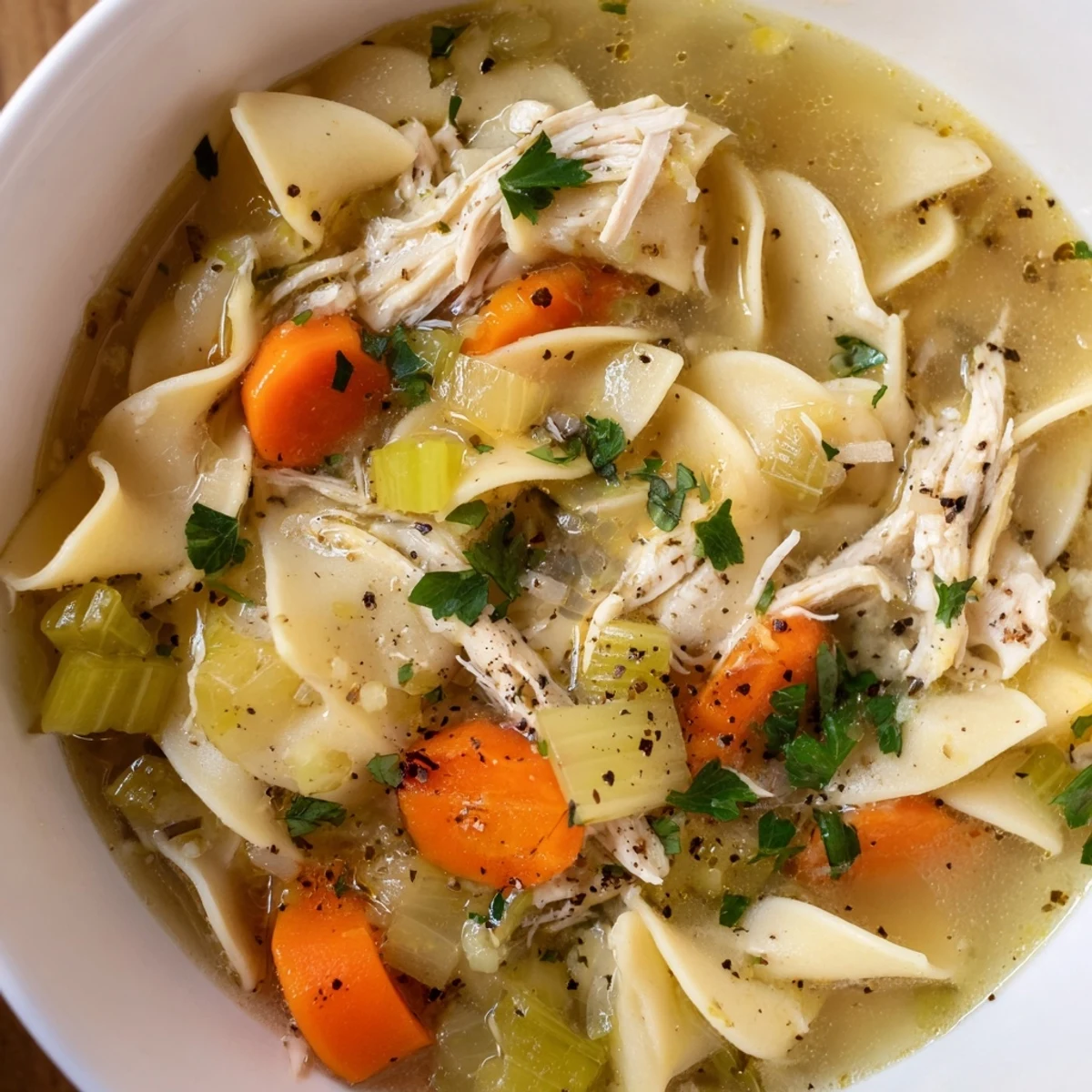 A bowl of Instant Pot Chicken Noodle Soup with Herbs features tender shredded chicken, wide egg noodles, and sliced carrots in a savory golden broth.