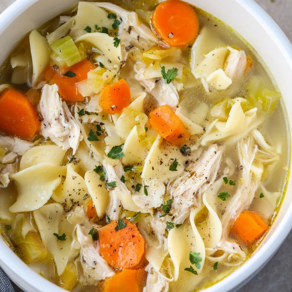 Steam rises from this comforting Instant Pot Chicken Noodle Soup, garnished with fresh parsley and served alongside crusty bread for dipping.