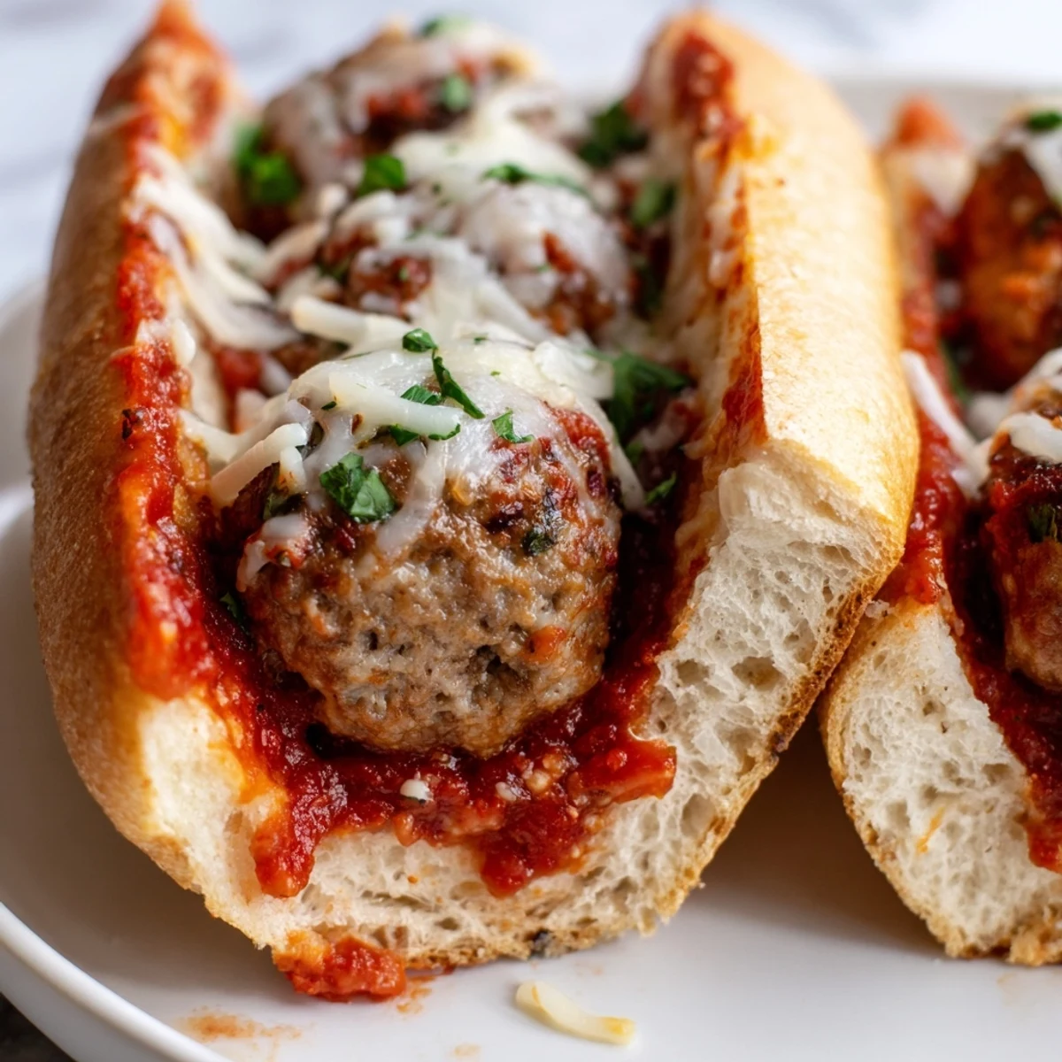 Golden-brown turkey meatballs nestled in a toasted sub roll, generously smothered in rich marinara sauce and topped with bubbly, melted mozzarella cheese.