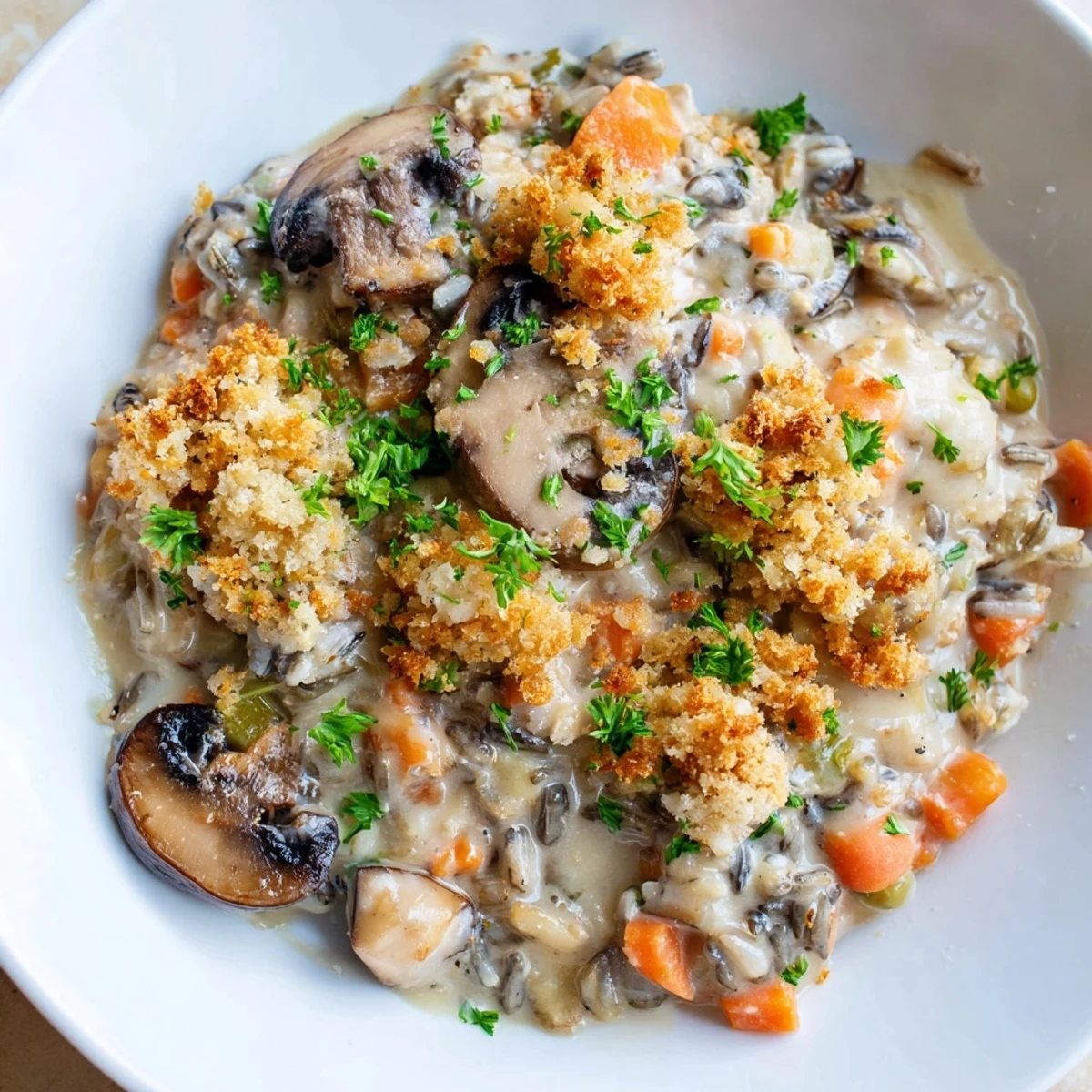 Golden-brown Creamy Mushroom and Wild Rice Casserole bubbling in a ceramic dish, garnished with fresh parsley.