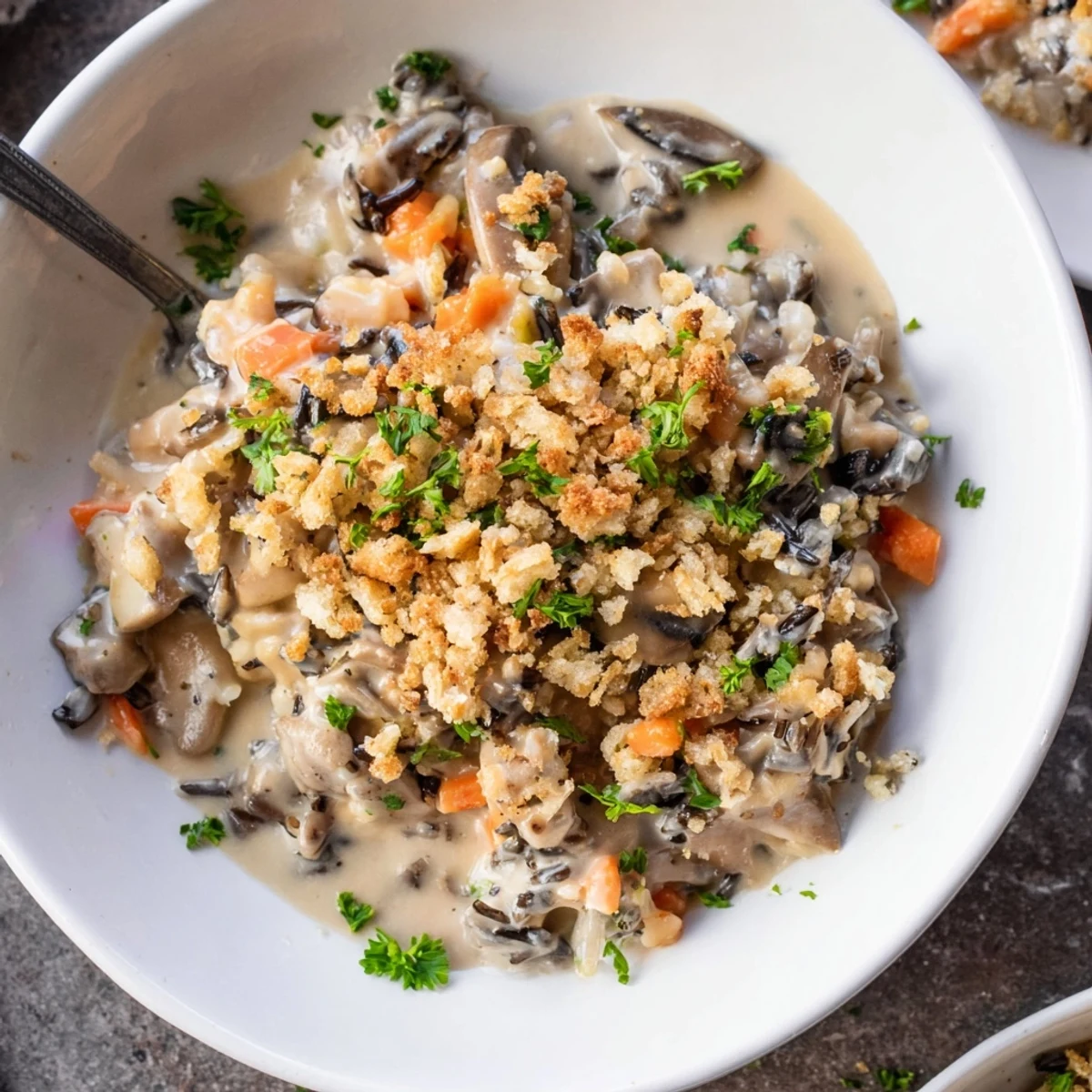 A hearty Creamy Mushroom and Wild Rice Casserole served in a bowl with a fresh green salad.
