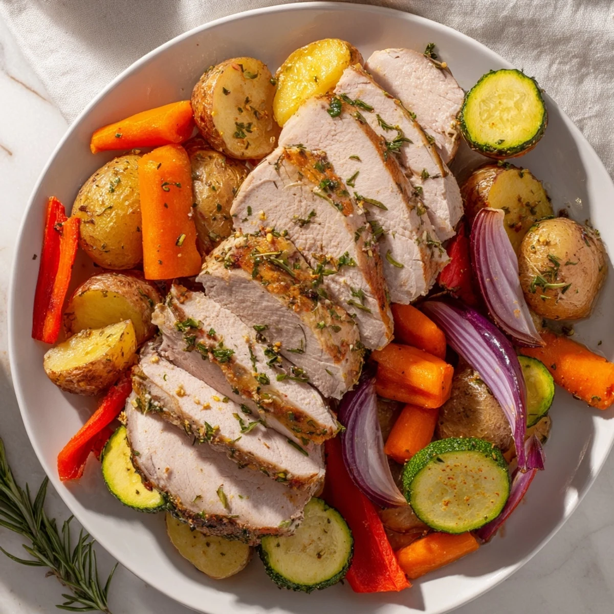 Juicy Sheet Pan Lemon Herb Turkey Breast with roasted carrots, potatoes, and zucchini, garnished with fresh rosemary and lemon slices on a rustic board.