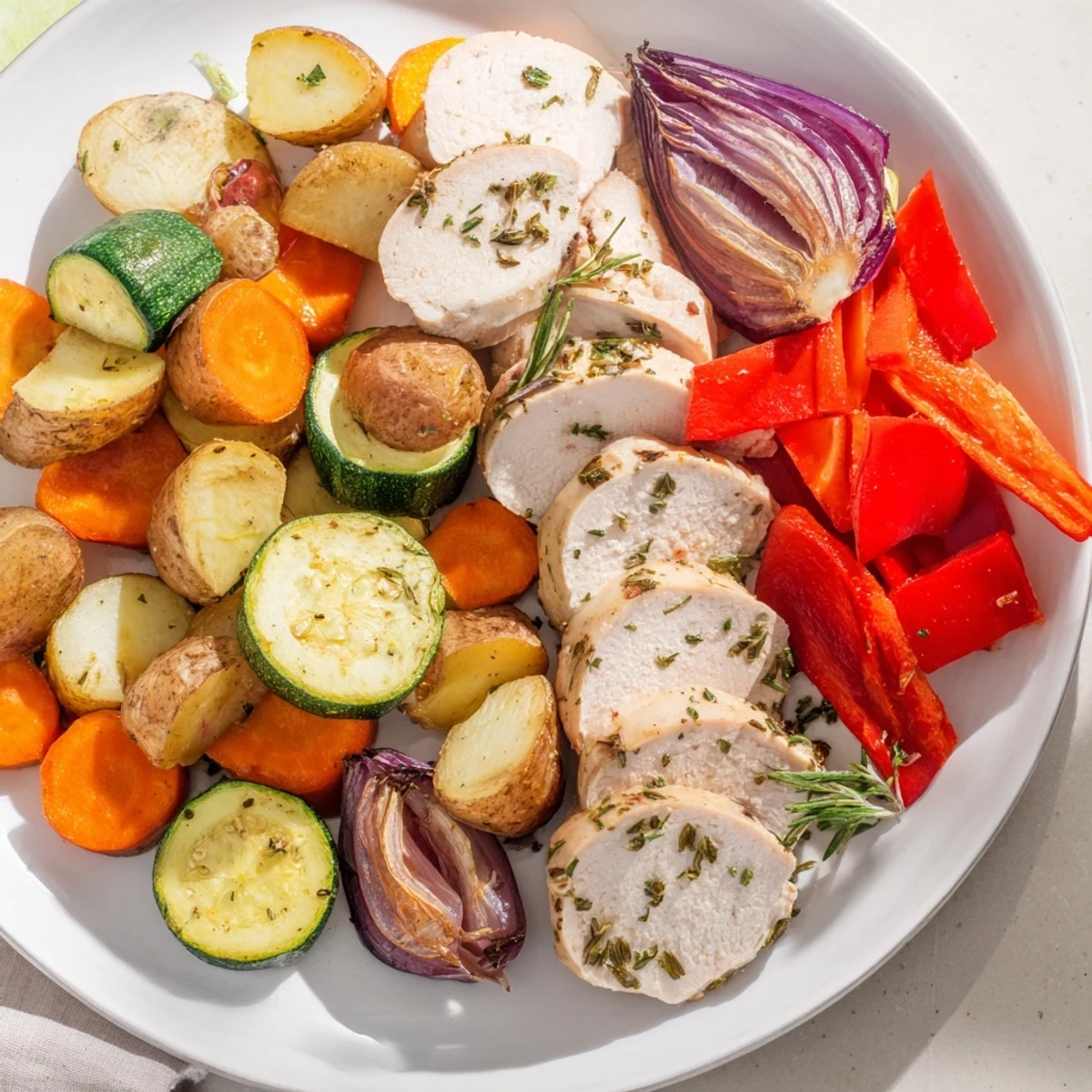 A wholesome gluten-free dinner featuring golden brown turkey breast with caramelized vegetables, served family-style straight from the parchment-lined sheet pan.