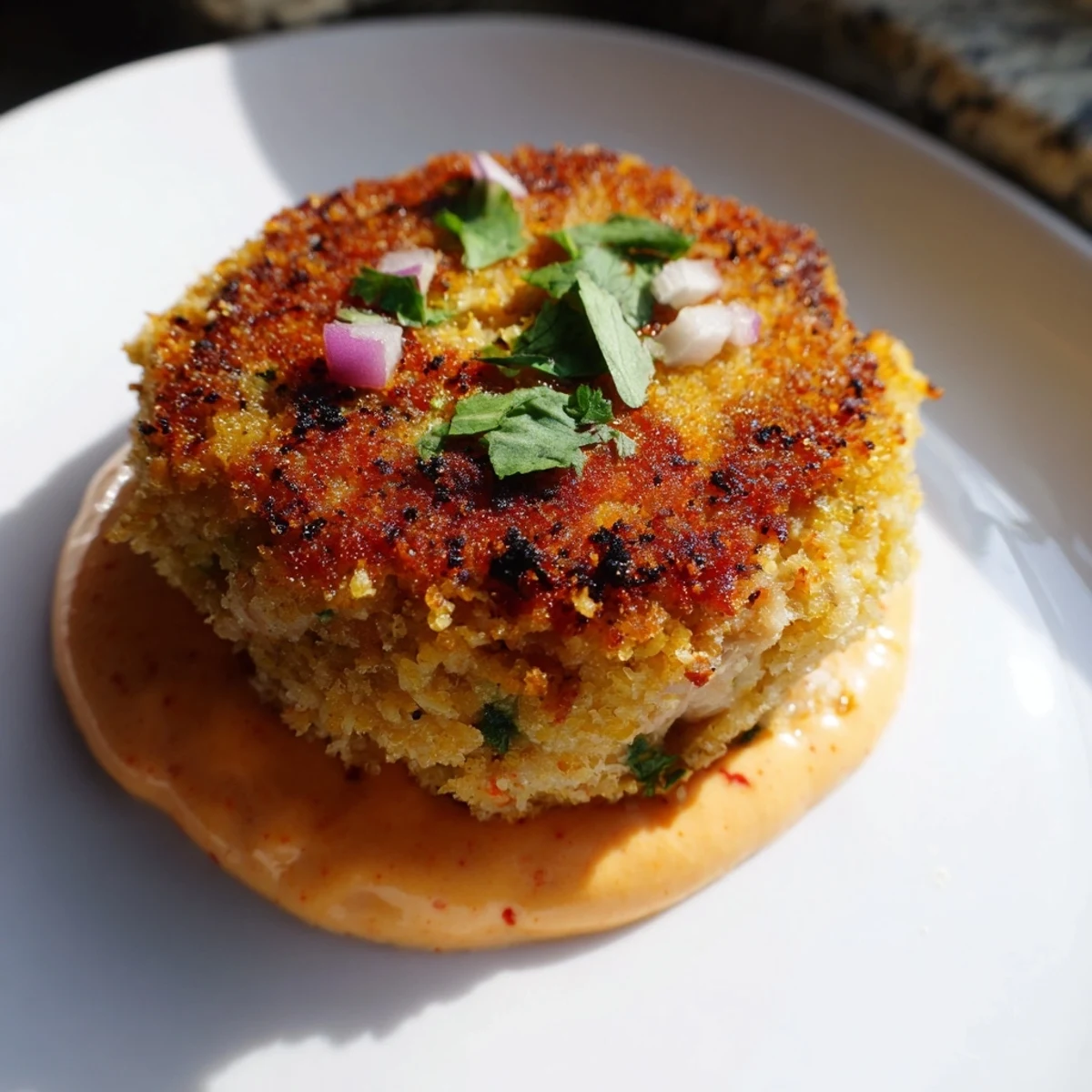 Pan-fried Spicy Tuna Cakes with Sriracha Mayo Dipping Sauce arranged on a white plate.