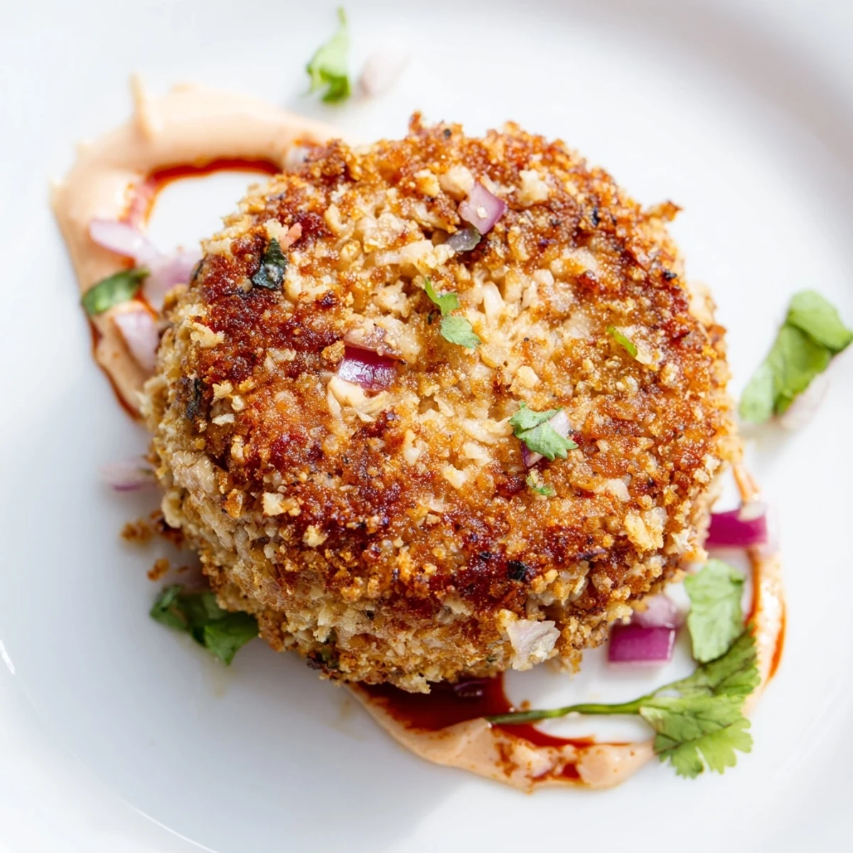 Close-up of Spicy Tuna Cakes with Sriracha Mayo highlighting a crispy crust and a tangy dipping sauce.