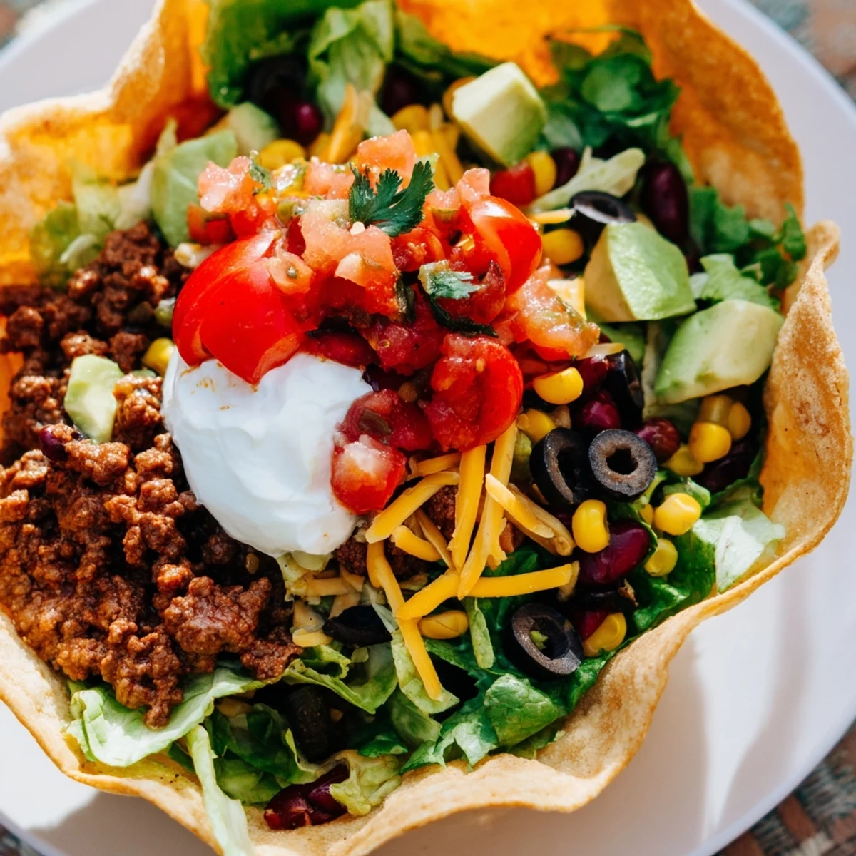 Colorful serving of Beef Taco Salad with homemade salsa, sour cream, and crisp romaine lettuce.