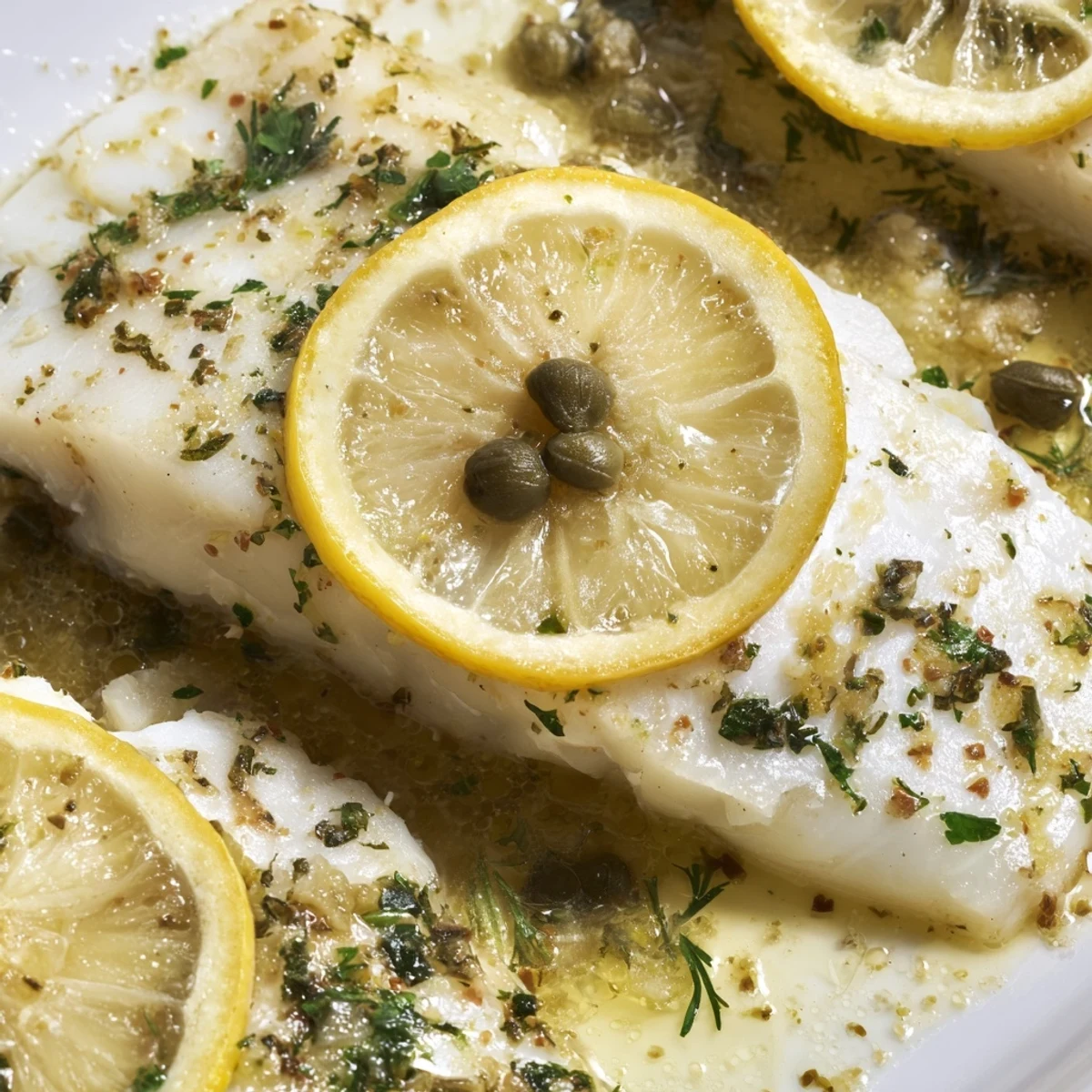 Roasted Baked Cod with Herbs and Lemon Slices served over rice with a side of asparagus.