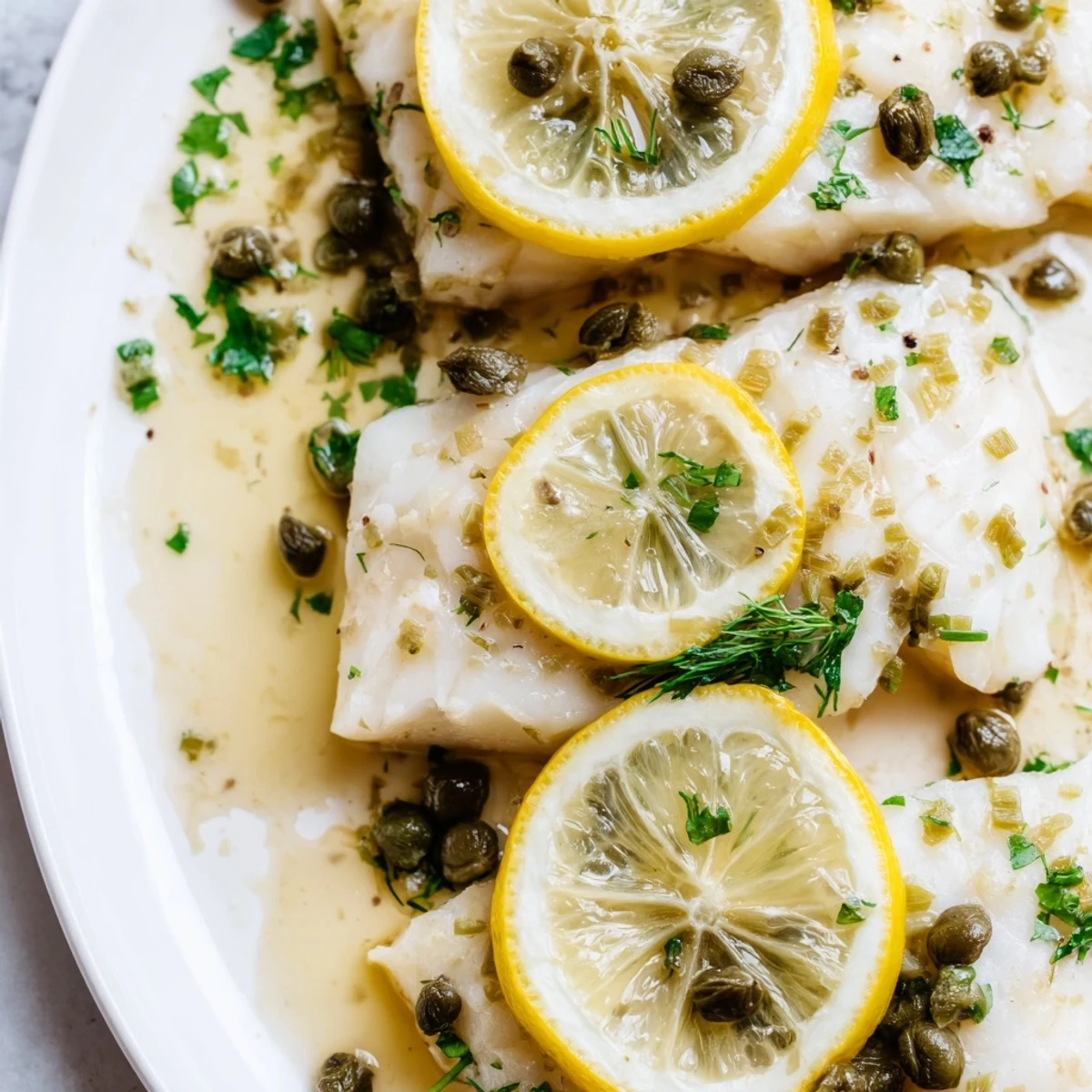 Golden-brown Baked Cod with Herbs and Lemon Slices flaking easily next to fresh parsley and dill.