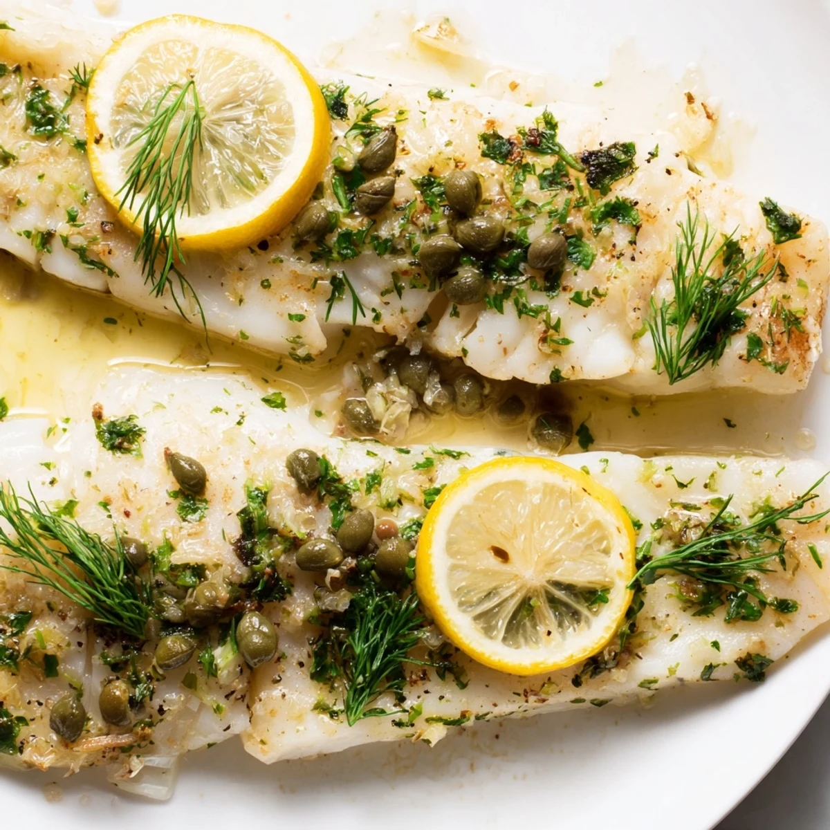 Sizzling Baked Cod with Herbs and Lemon Slices fresh from the oven on a white ceramic plate.