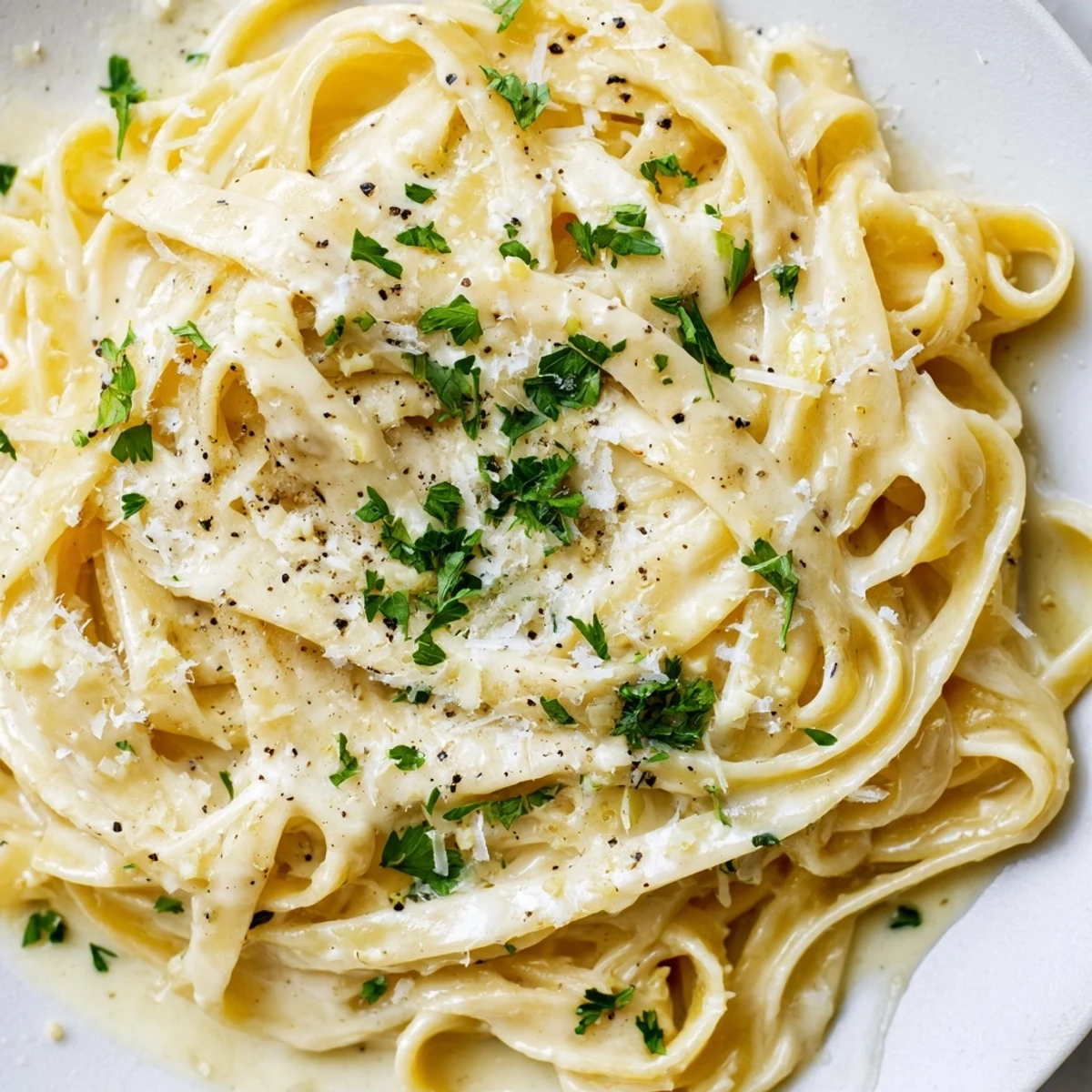 Creamy Garlic Pasta with Fresh Parsley twirled on a fork, rich sauce coating fettuccine with glossy, velvety texture.