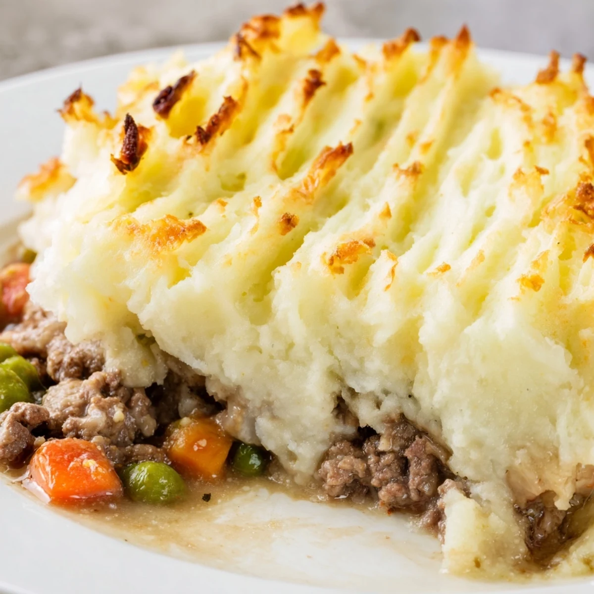 Golden-brown mashed potato ridges top a savory Beef Shepherds Pie with Peas and Carrots, baked to bubbly perfection in a casserole dish.
