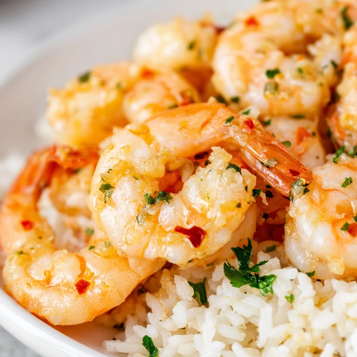 Tender shrimp in a bright lemon garlic sauce spooned over white steamed rice, garnished with fresh parsley and lemon wedges.