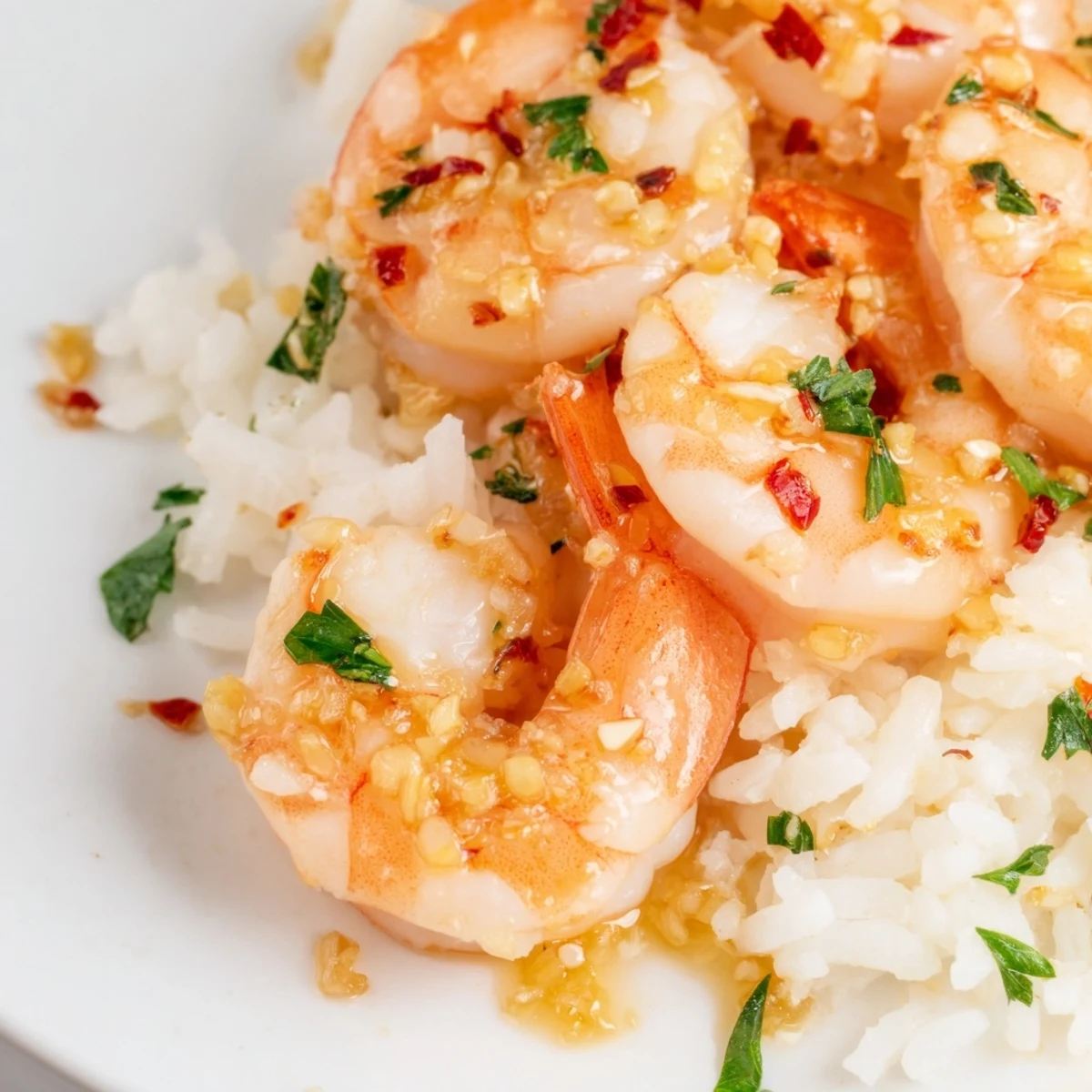Juicy lemon garlic shrimp sizzling in a skillet, ready to be served over fluffy steamed rice for a quick dinner.