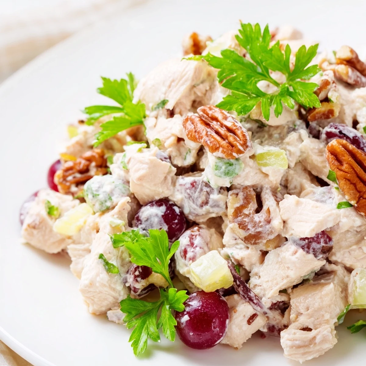 Freshly diced chicken salad with pecans and cranberries in a creamy dressing, served in a rustic white bowl over crisp greens.