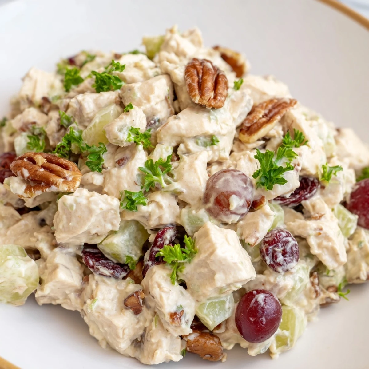 A flavorful Chicken Salad with Pecans and Cranberries mix with chopped celery, red onion, and sweet grapes for a healthy lunch.