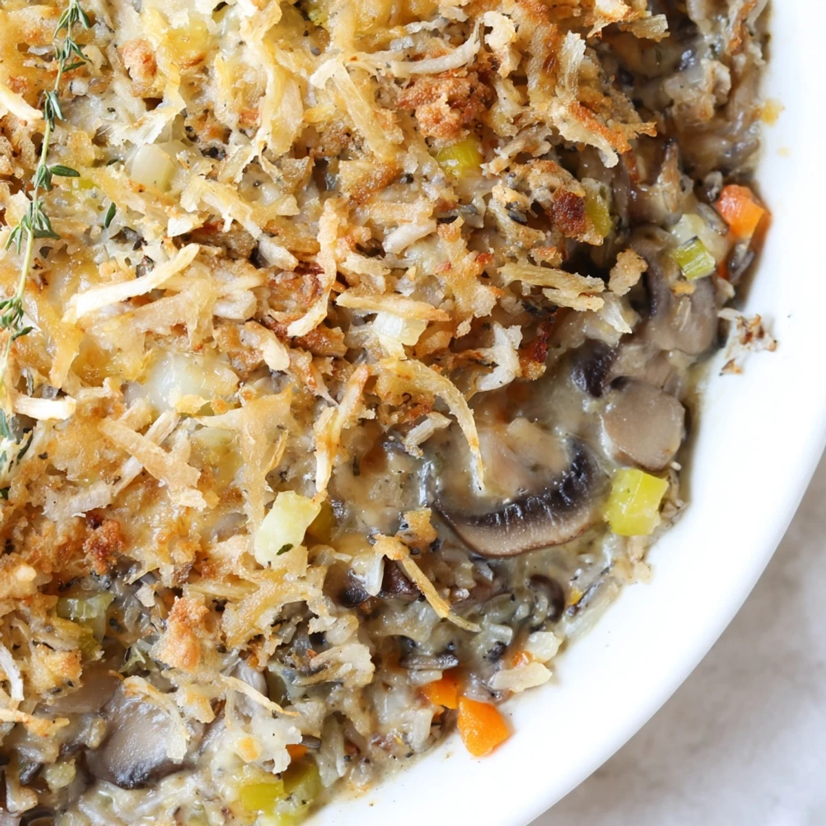 Freshly baked Creamy Mushroom and Wild Rice Casserole with Thyme, featuring a golden, bubbly cheese crust and specks of green herbs.