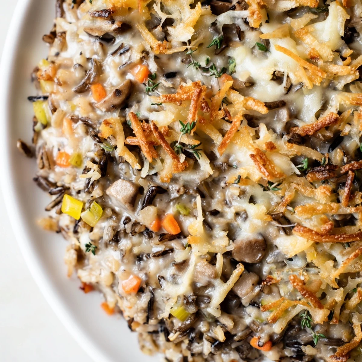 Savory Creamy Mushroom and Wild Rice Casserole with Thyme steams in a baking dish, topped with panko for a deliciously crunchy bite.