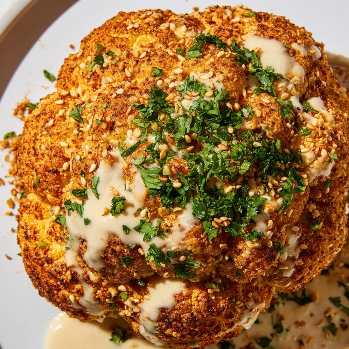 Whole roasted cauliflower with tahini lemon drizzle on a white plate, garnished with parsley and sesame seeds.