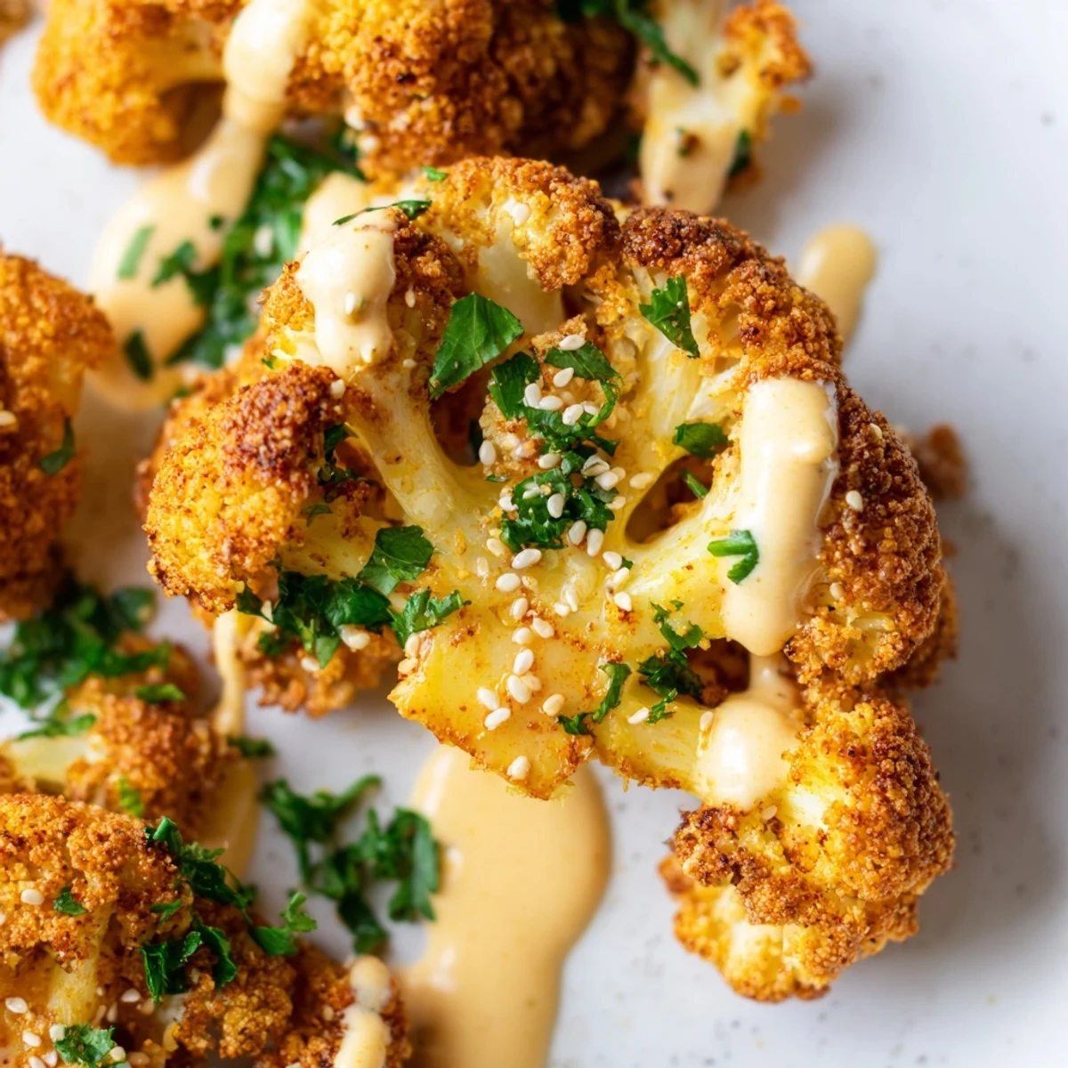 Roasted whole cauliflower brushed with cumin and paprika, drizzled with creamy tahini sauce and fresh parsley.