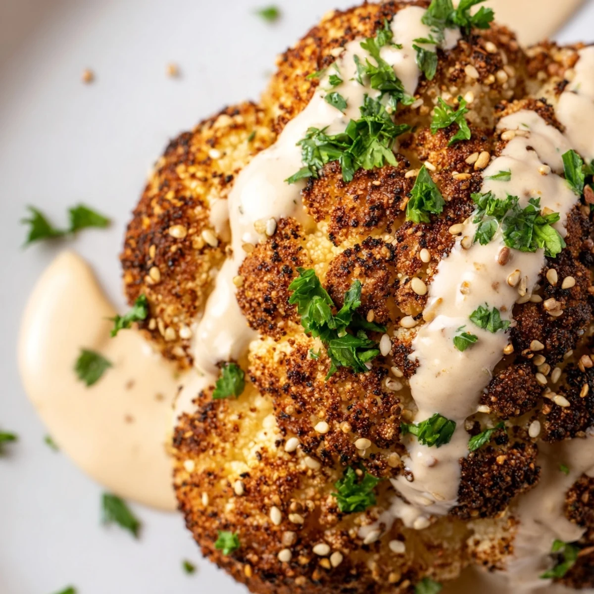 Golden-baked whole cauliflower with tahini lemon drizzle, served as a vegan main dish with lemon wedges.
