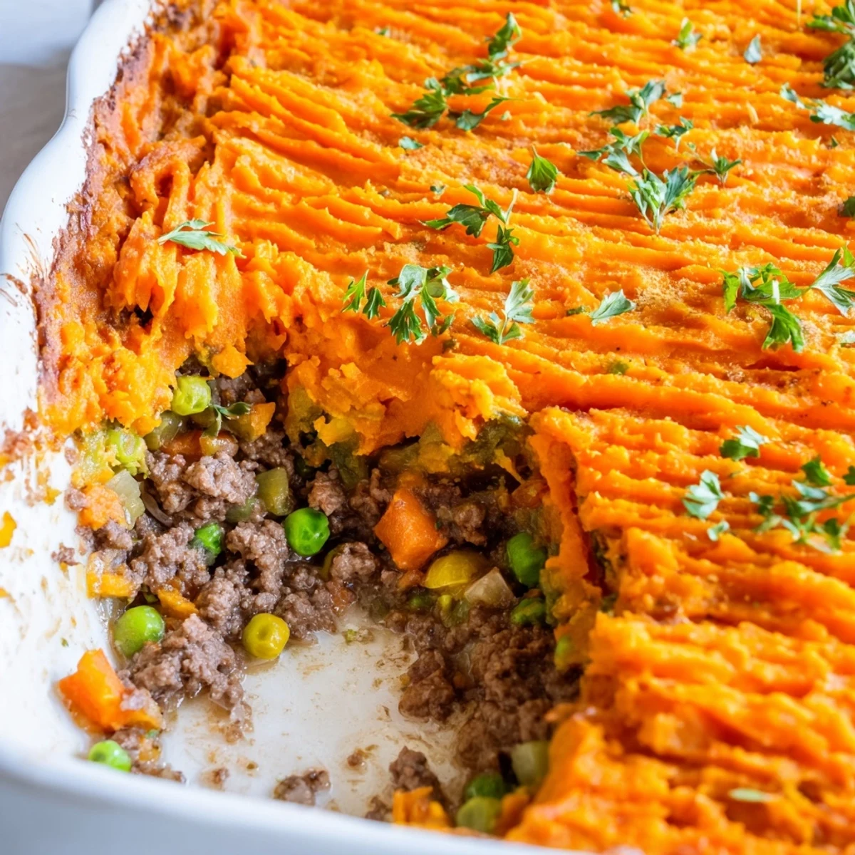 Golden brown sweet potato mash covers a bubbling skillet of hearty Beef Shepherds Pie with Sweet Potato.