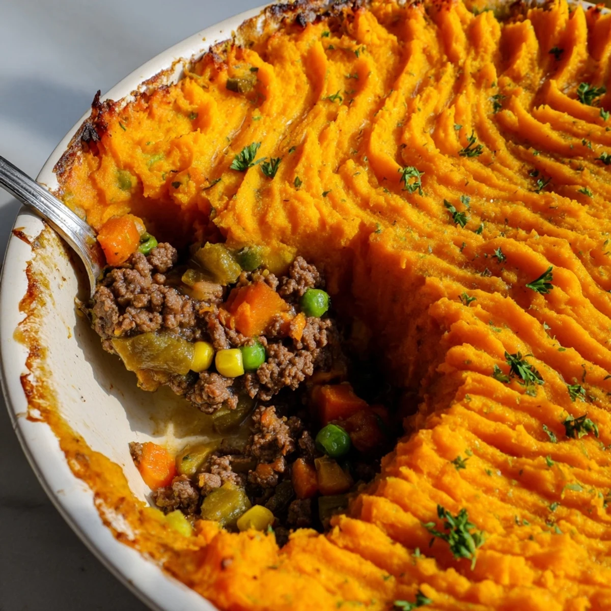 Close-up of creamy sweet potato mash topping a savory Beef Shepherds Pie with Sweet Potato filling.