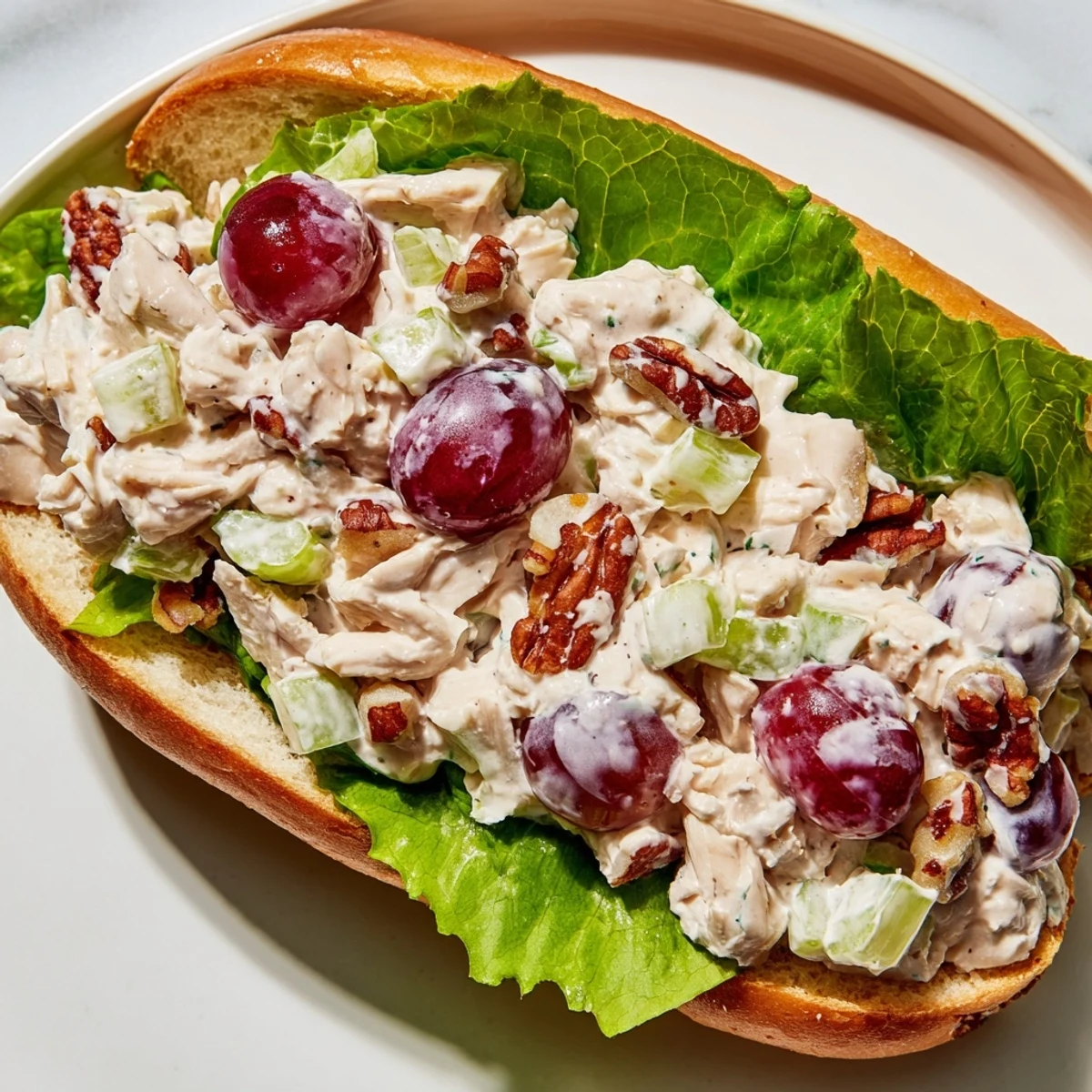 Freshly made Chicken Salad Sandwich with Grapes on a croissant, featuring creamy dressing, diced celery, and toasted pecans for crunch.