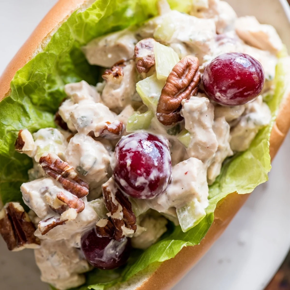 A close-up of Chicken Salad Sandwich with Grapes stacked on whole grain bread, with halved red grapes and lettuce visible.