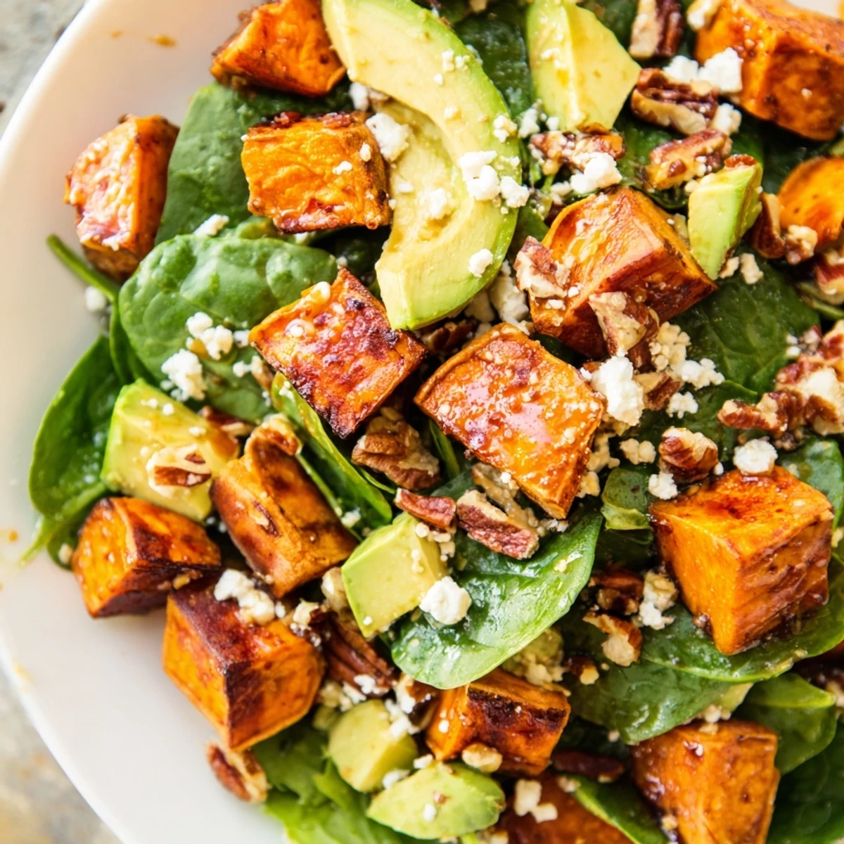 Roasted sweet potato salad's vibrant colors showcase tender sweet potatoes, greens, and flavorful dressing.