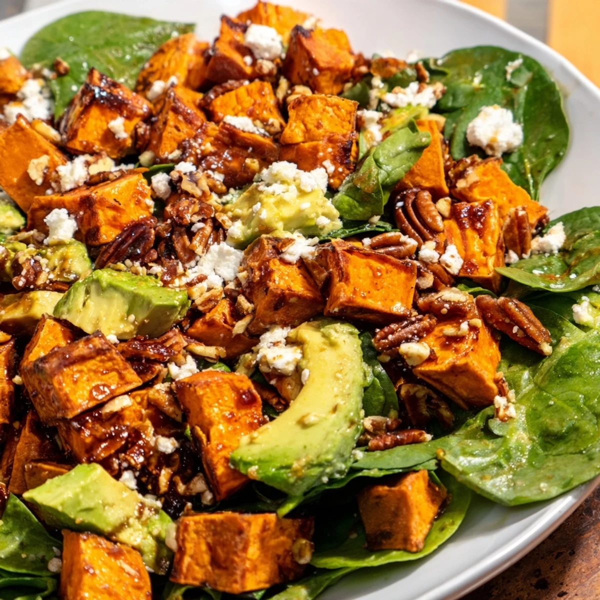 Golden roasted sweet potatoes in this salad, tossed with spinach and tangy maple-mustard dressing, look delicious.