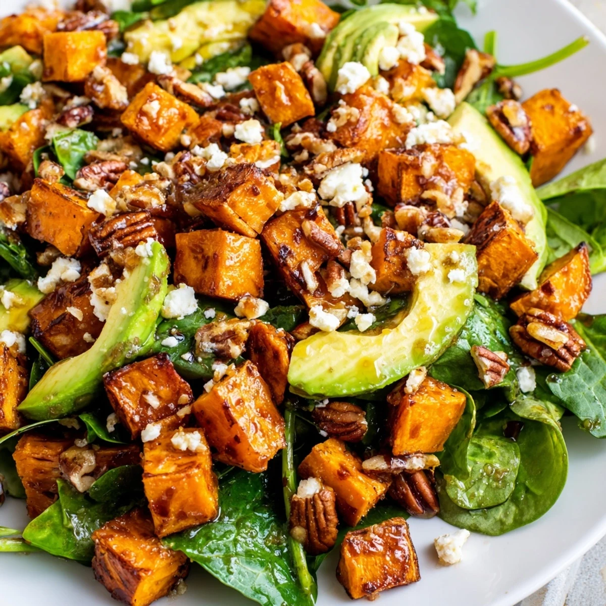 Enjoy a colorful bowl of roasted sweet potato salad, complete with creamy avocado and crunchy pecans.