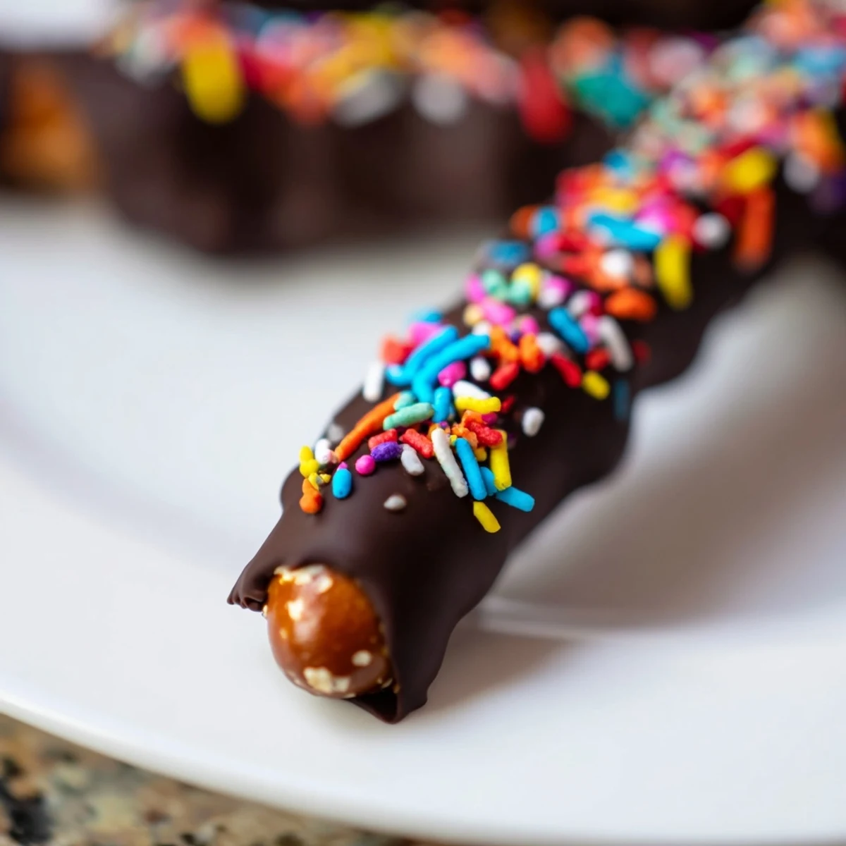 Chocolate Covered Pretzels arranged on parchment, half-dipped in glossy dark chocolate and sprinkled with colorful nonpareils for a festive look.
