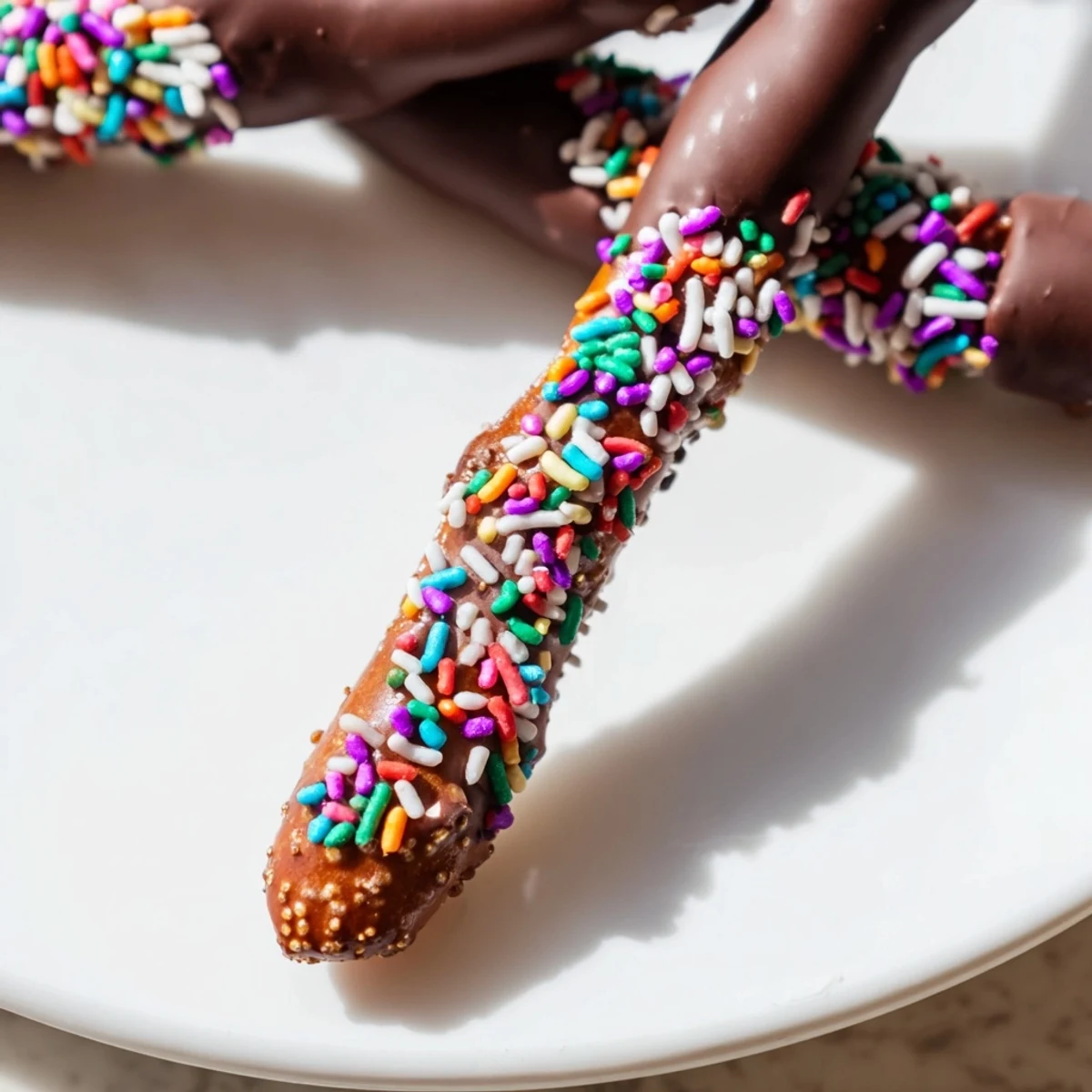 Freshly made Chocolate Covered Pretzels with a thick milk chocolate shell, sprinkled with chopped nuts on a rustic wooden board.