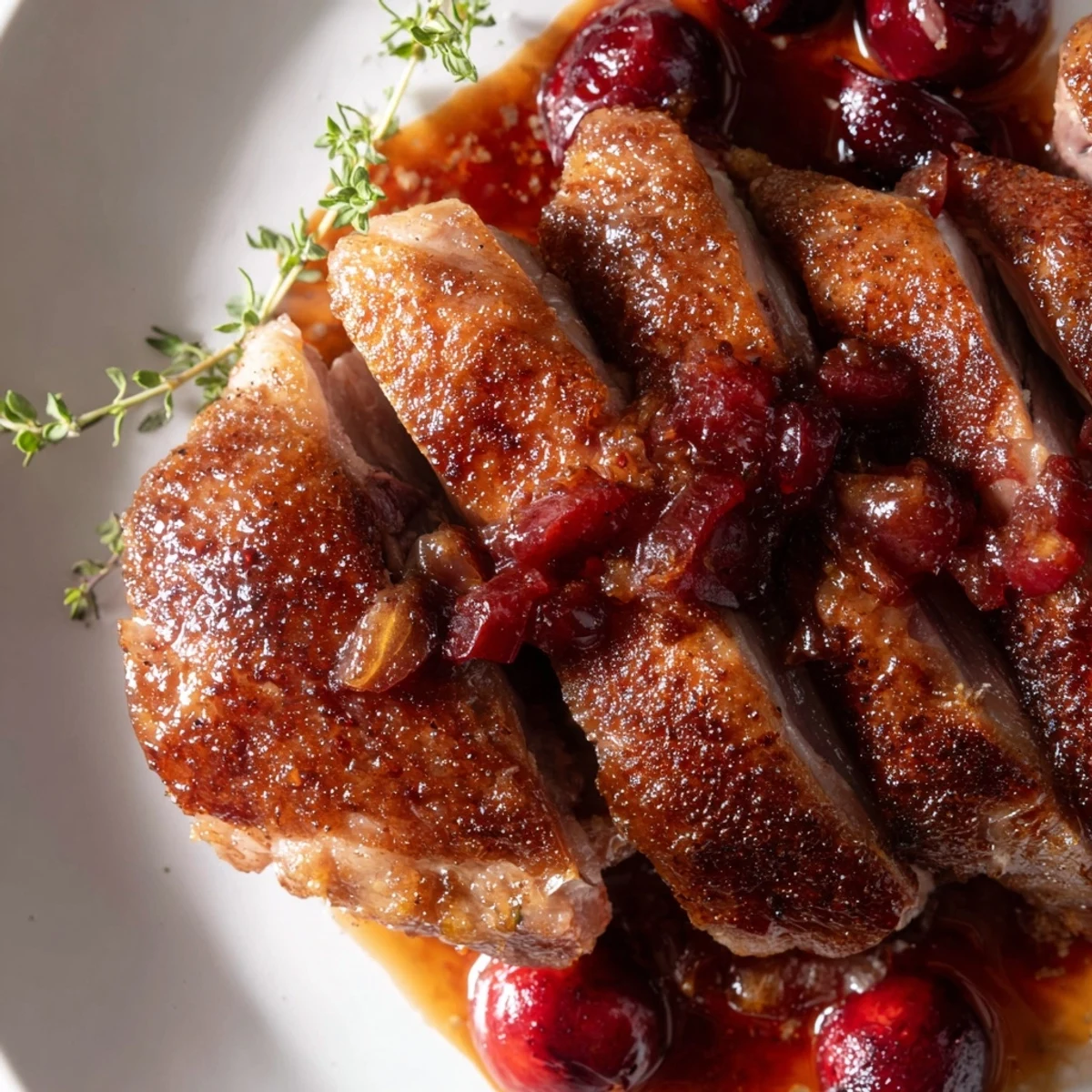 Tender slices of romantic roasted duck with cherry sauce served alongside creamy mashed potatoes.