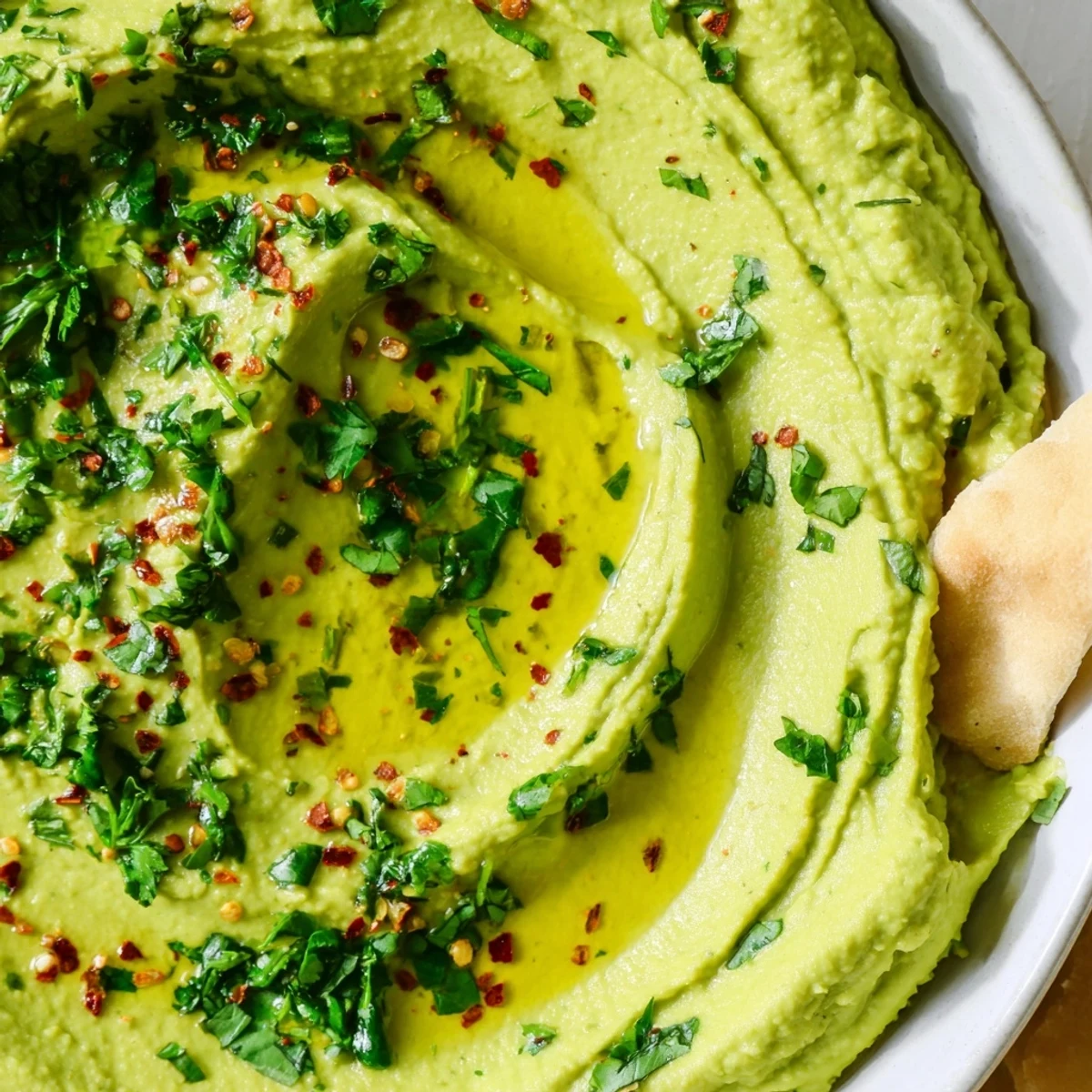 Creamy green avocado hummus served with warm pita and colorful veggie sticks, perfect for a healthy snack.