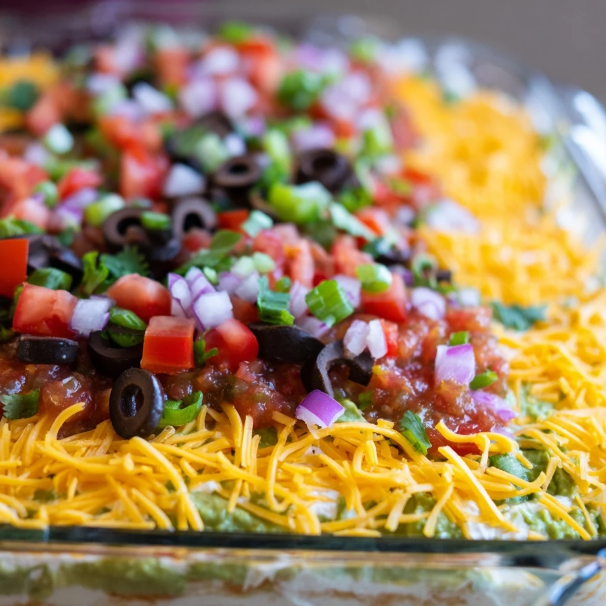 A vibrant, layered Tex-Mex dip with guacamole, sour cream, cheese, and salsa, served with tortilla chips.  